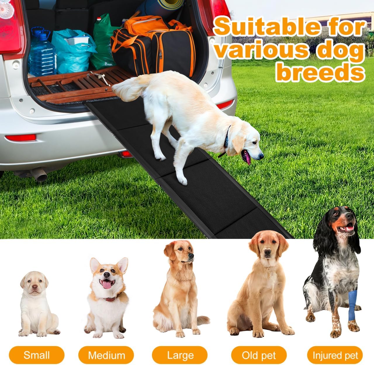 71''x 20'' Dog Ramp for Car, Foliding Dog Ramp with Non-Slip Rug Surface, Extra Wide Long Pet Stairs Supports Up to 300 LBS, Slow Slope Dogs Stairs for SUV, Truck, Large & Senior Pets
