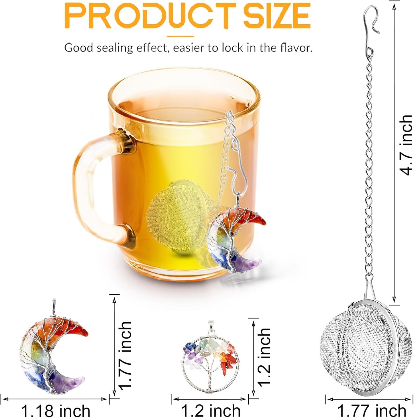 7 Chakra Healing Crystal Tea Infuser Set - Reiki Quartz Gemstone Wire Wrapped Crescent Moon & Tree of Life Pendants, Stainless Steel Loose Leaf Tea Steeper