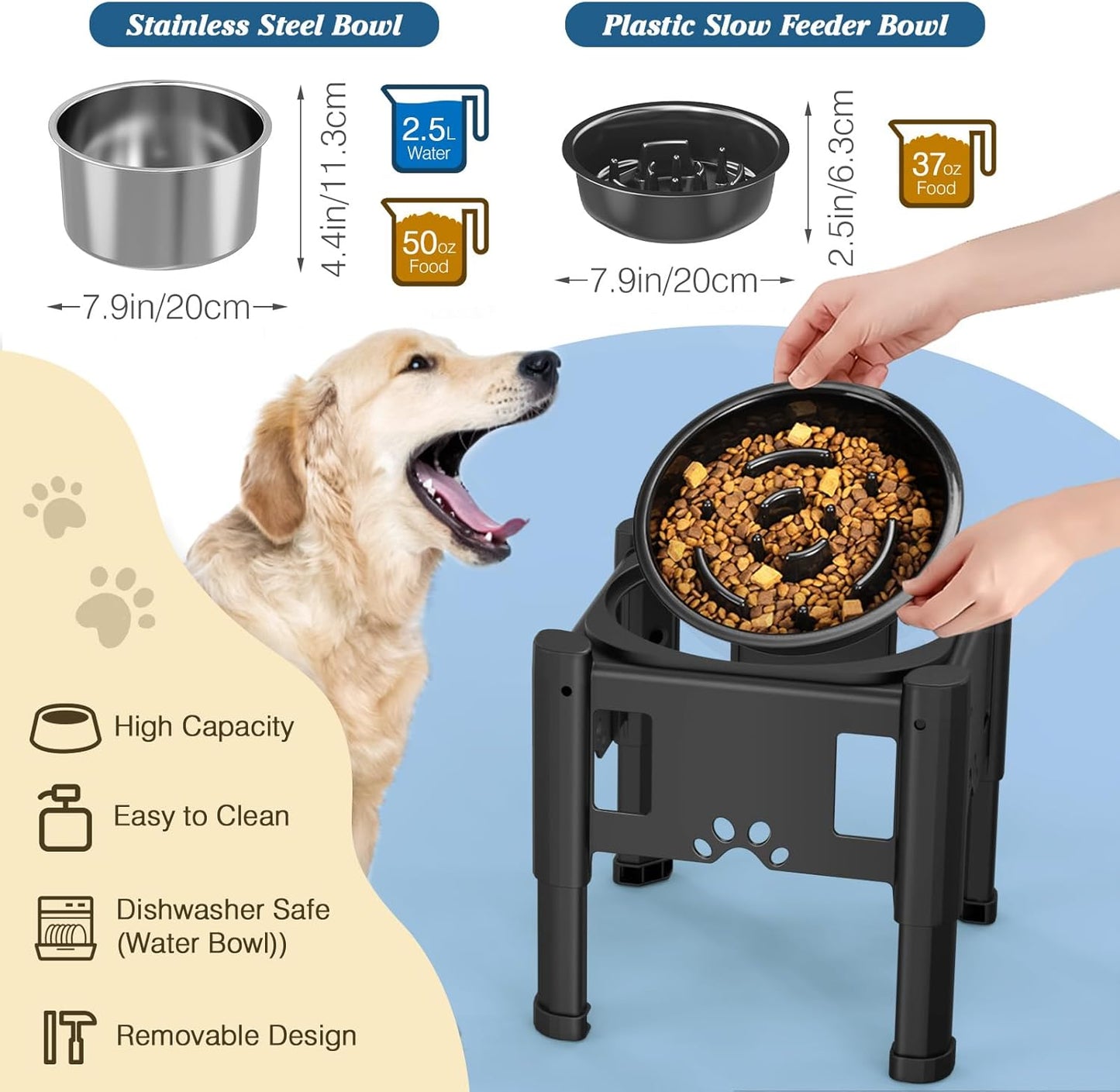 Lewondr Elevated Dog Water Bowl No Spill, 80OZ/2.5L Large Capacity Raised Water Bowl for Dogs with Slow Feeder Dog Bowl, 3 Heights Adjustable Elevated Dog Slow Water Bowl for Small Medium Large Dogs