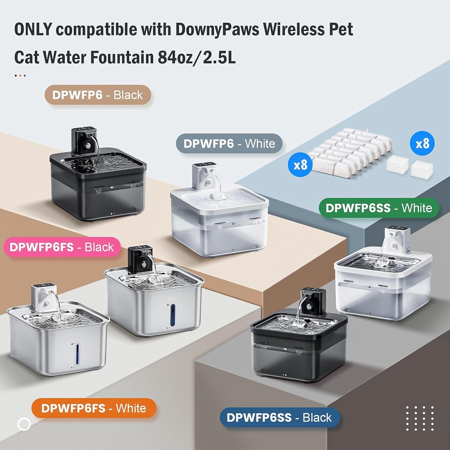 8 Packs Replacement Filters for DownyPaws Battery Operated Cat Water Fountain DPWFP6, 4 Months Set of Replacement Filters for DownyPaws 84oz/2.5L Fursink Wireless Pet Water Fountain