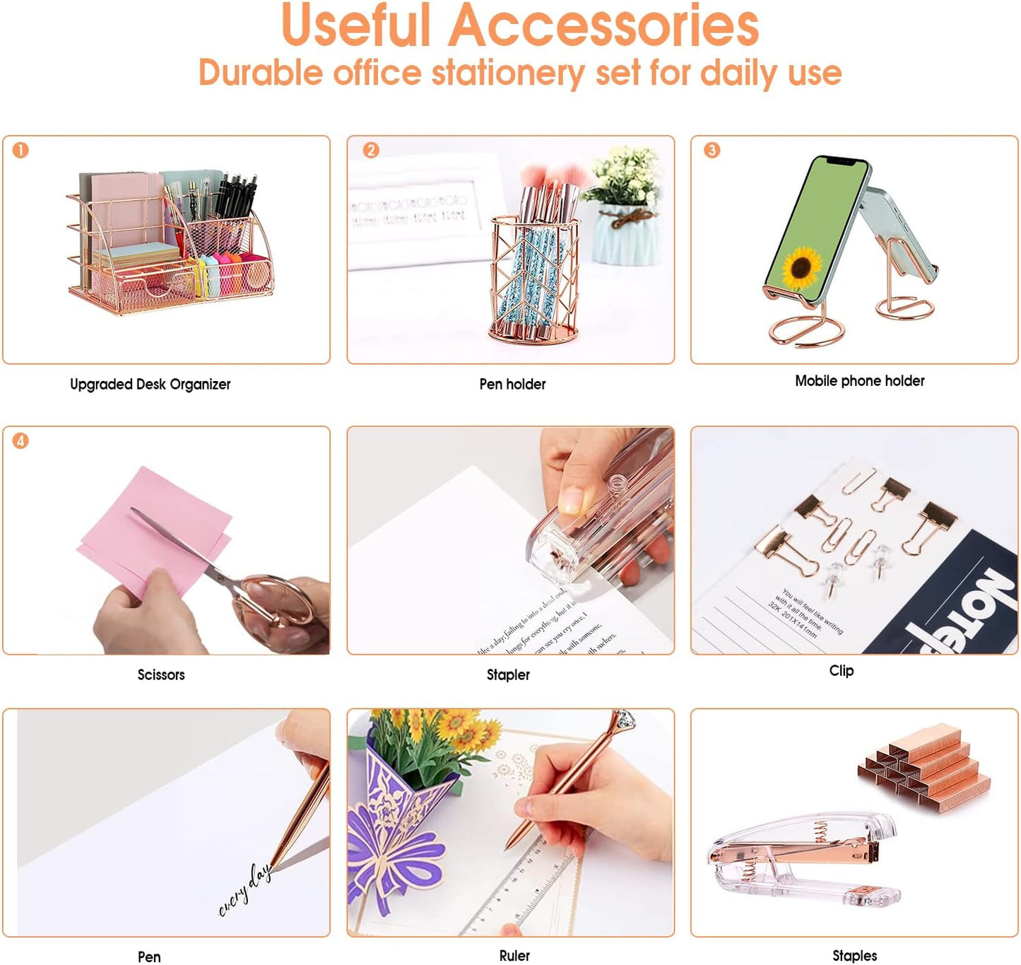 Rose Gold Desk Organizers and Accessories Office Supplies Set Stapler, Pen Holder, Phone Holder, Scissors, Pen, Ruler, 30 Paper Clips, 22 Binder Clip, 20 Tacks and 1000pcs Staples