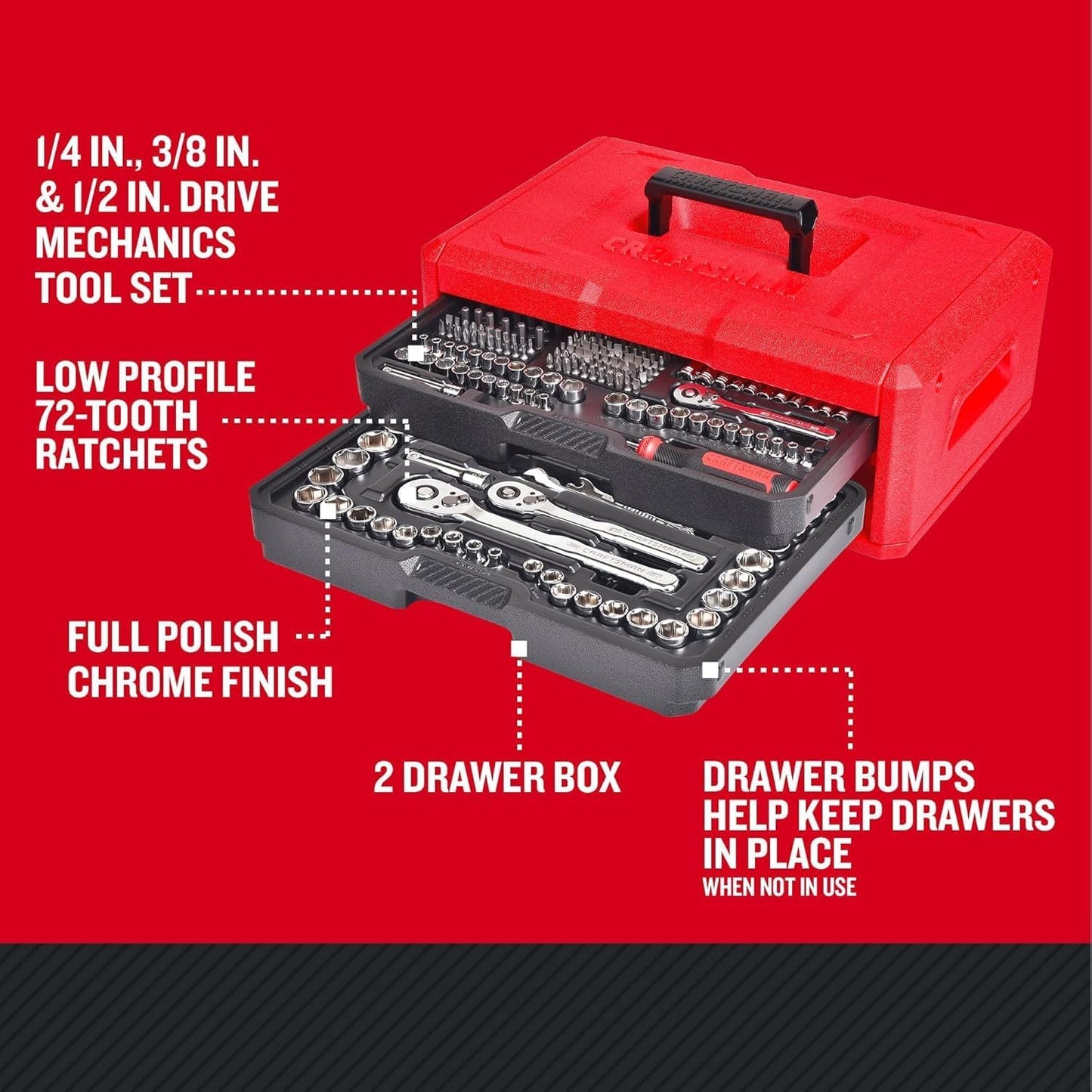 CRAFTSMAN Mechanics Tool Set, 256-Piece Hand Tool and Socket Set with 72-tooth Low Profile Ratchet and 2-Drawer Tool Box (CMMT45256)