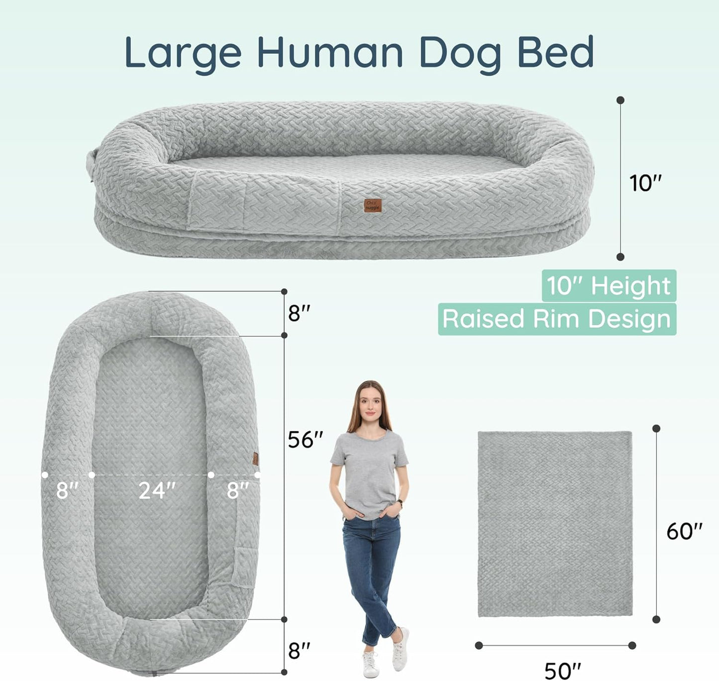 Human Dog Bed for Adult - Luxury Faux Fur Giant Size Dog Bed with Portable Handle, Egg Orthopedic Foam with Blanket, 72"x40"x10", Light Grey