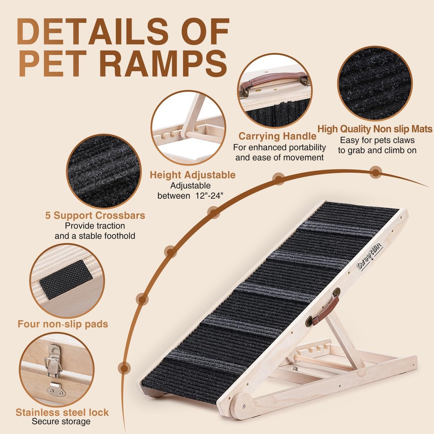 Dog Ramp for Bed - Foldable Small to Large Dog Ramp for Couch - 6 Adjustable Height from 12" to 24" - Stairs with High Traction Mat - Wooden Portable Ramp for Dogs to Get on Bed Couch Car Up to 200LBS
