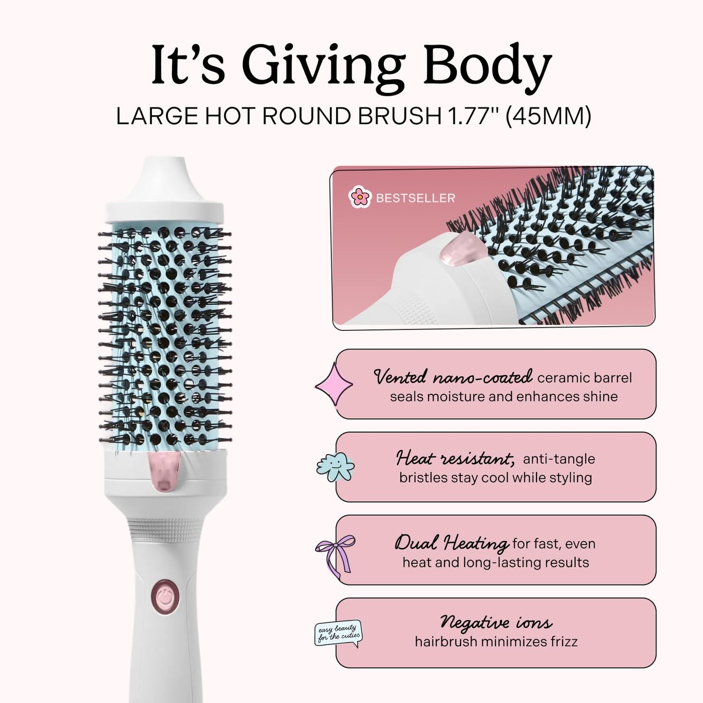 Mane Large Heated Round Brush - 1.77 Inch Thermal Brush for Voluminous Blowouts - Anti-Tangle Bristles, Ionic Technology, Worldwide Voltage - Hair Styling Tools for Medium to Long Hair
