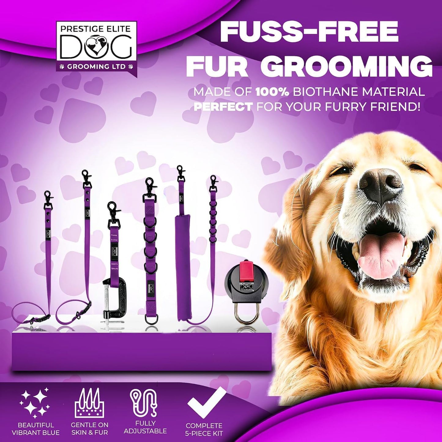 Prestige Elite - Set of 6 - Groomers Helper, Grooming Loops for Dogs Groomers - Adjustable Biothane Dog Grooming Belly Band, Grooming Noose, Extension Strap, Suction Cup & Dog Grooming Loop