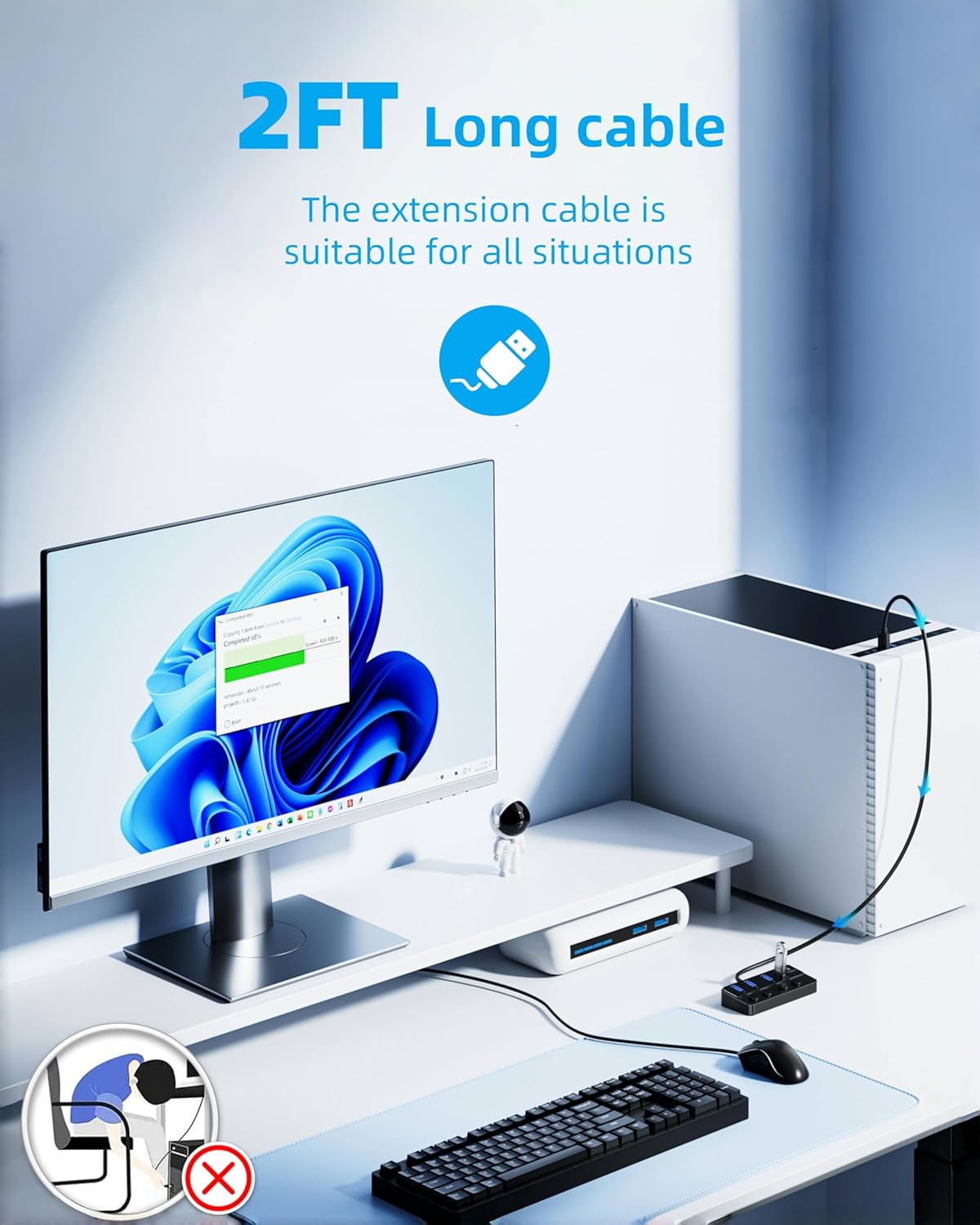 Qeefun 4-Port USB 3.0 Hub, Individual LED Power Switches, 5Gbps Data Transfer USB Splitter with 2ft Extension Cable, Multiple USB Extender for Laptop, PC, iMac, USB Flash Drives and More