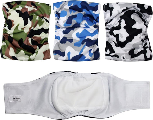 Reusable Belly Bands for Medium Dogs,3 Pack Premium Washable Dog Diapers Male Doggie Nappies Wrap Camo,L