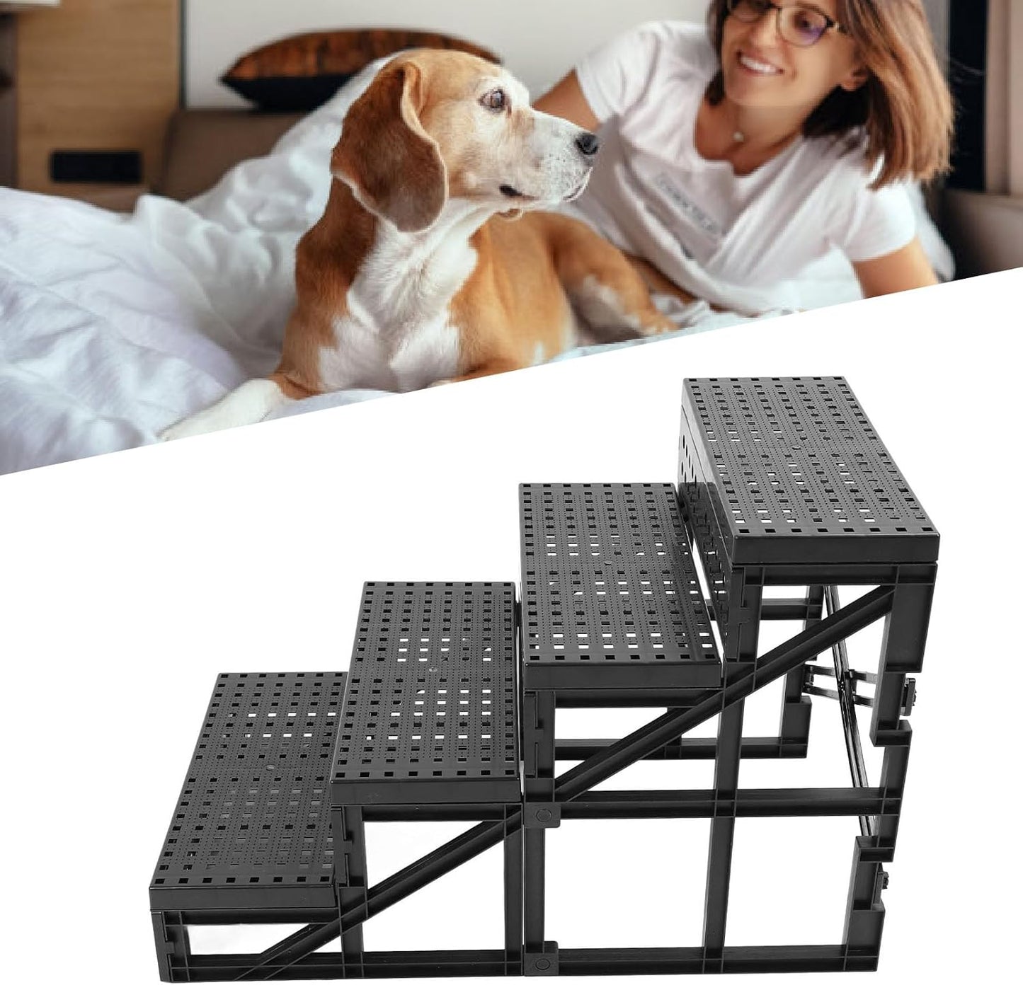 Dog Stairs for Small Dogs, Foldable Nonslip Dog Steps with 4 Step Design, Adjustable Height Pet Steps for Small Dogs and Cats, Dog Ramp Ladder for High Bed and Couch, 60x40x35cm