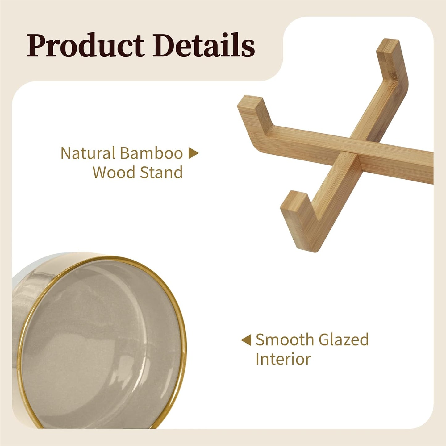 Elevated Ceramic Cat and Dog Double Bowl Set - 14 oz Lead-Free Feeder with Two Natural Bamboo Wood Stands (Brown)