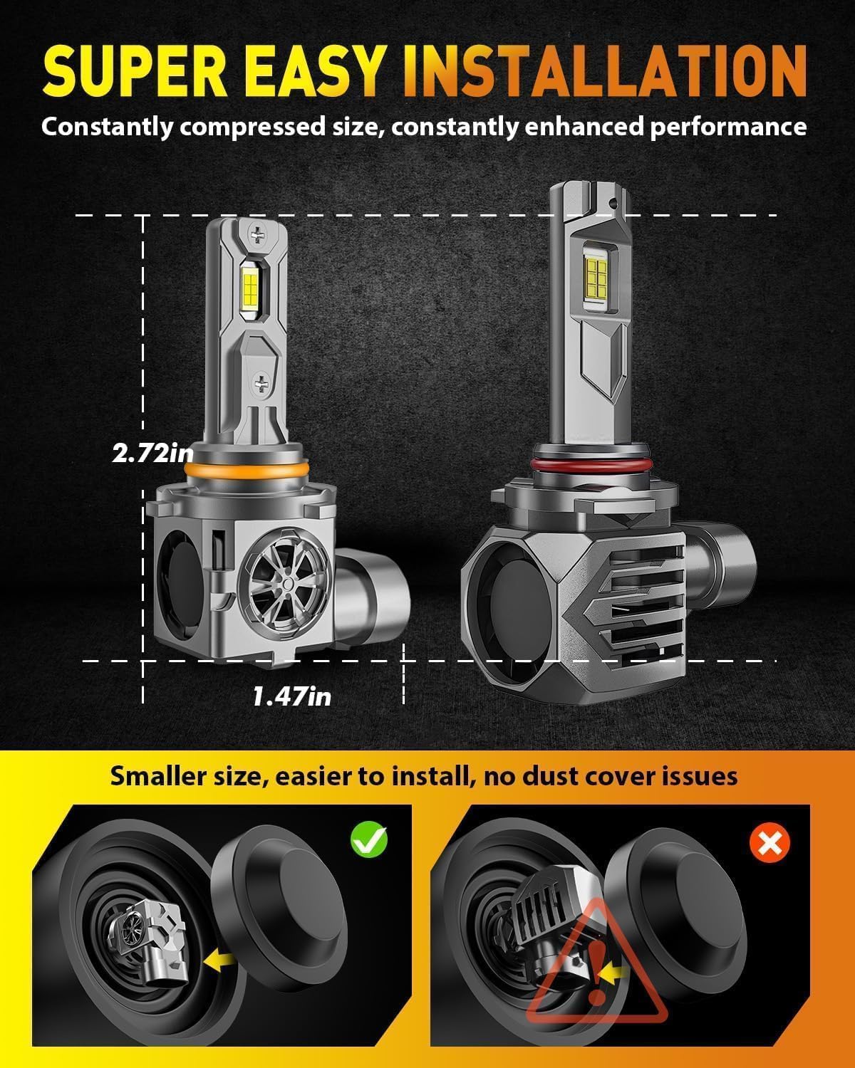Latest 9005/HB3 Light Bulbs, 50,000LM 900% Ultra Brightness, 1:1 Halogen Size, 6500K Cool White, 10-Year Long Service Life Fog Light with Cooling Fan, Plug and Play, Pack of 2