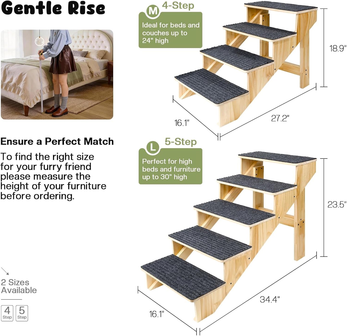 5-Step Dog Stairs for Large Dogs, Solid Wooden Dog Steps for Beds/Couch with Carpet, 24 Inches Anti-Slip Pet Stairs for High Beds, Ramp for Older/Senior Dogs, Pet Bed Stairs to Get on Bed/Sofa