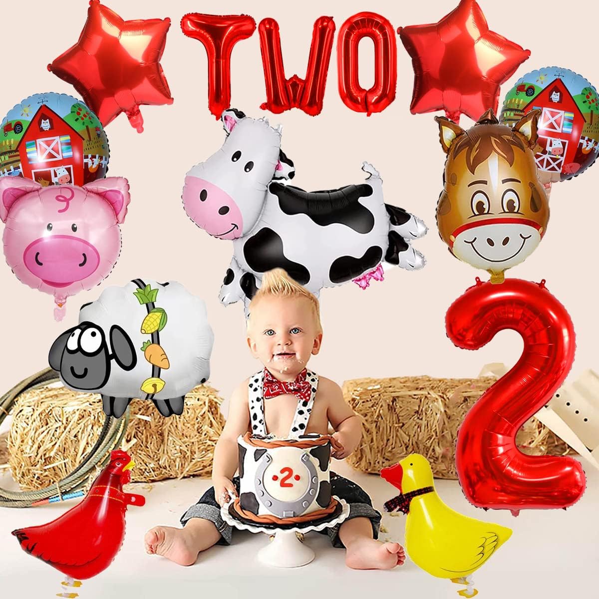 14 PCS Farm Animal Balloons Cow Sheep Duck Rooster Pig Donkey Balloons Barnyard Balloon Supplies with Large Number 2 Foil Balloon for Farm Animal Theme 2nd Birthday Party Decor Supplies