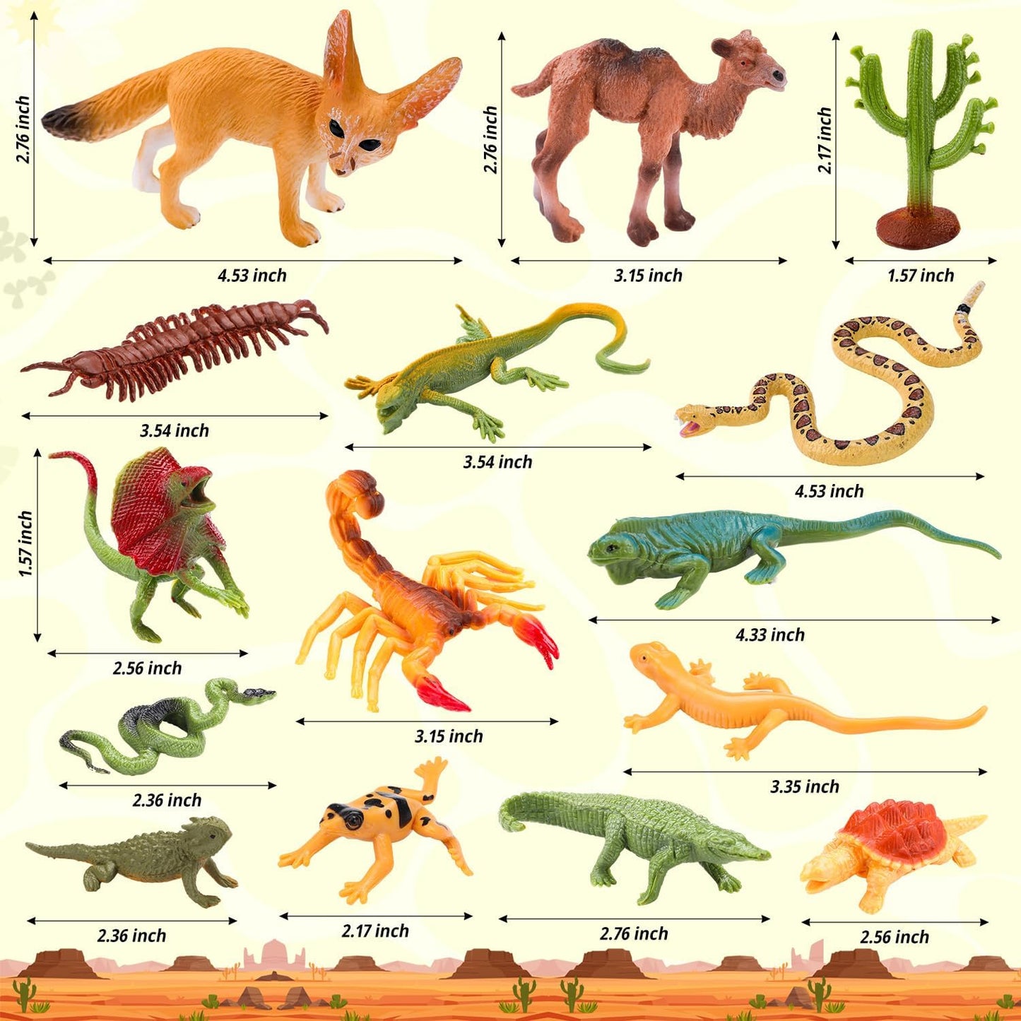 32 Pcs Desert Animal Figurines Set,Desert Diorama Supplies Playset Camel Fox Rattlesnake Lizard Tree Cactus Desert Decor for Kids Cake Toppers Party Favors School Projects Educational Learning