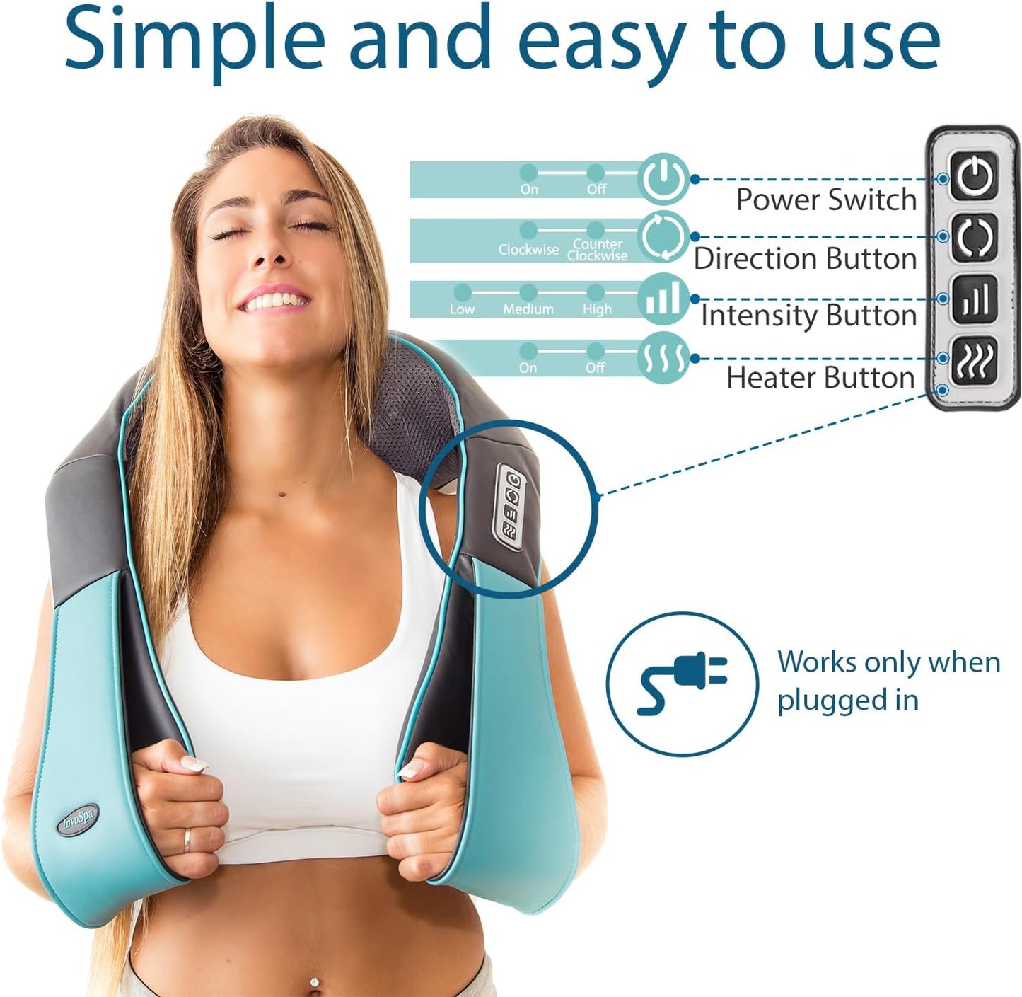 InvoSpa Shiatsu Neck and Back Massager with Heat - Deep Kneading Pillow for Massage - Electric Full Body Massager