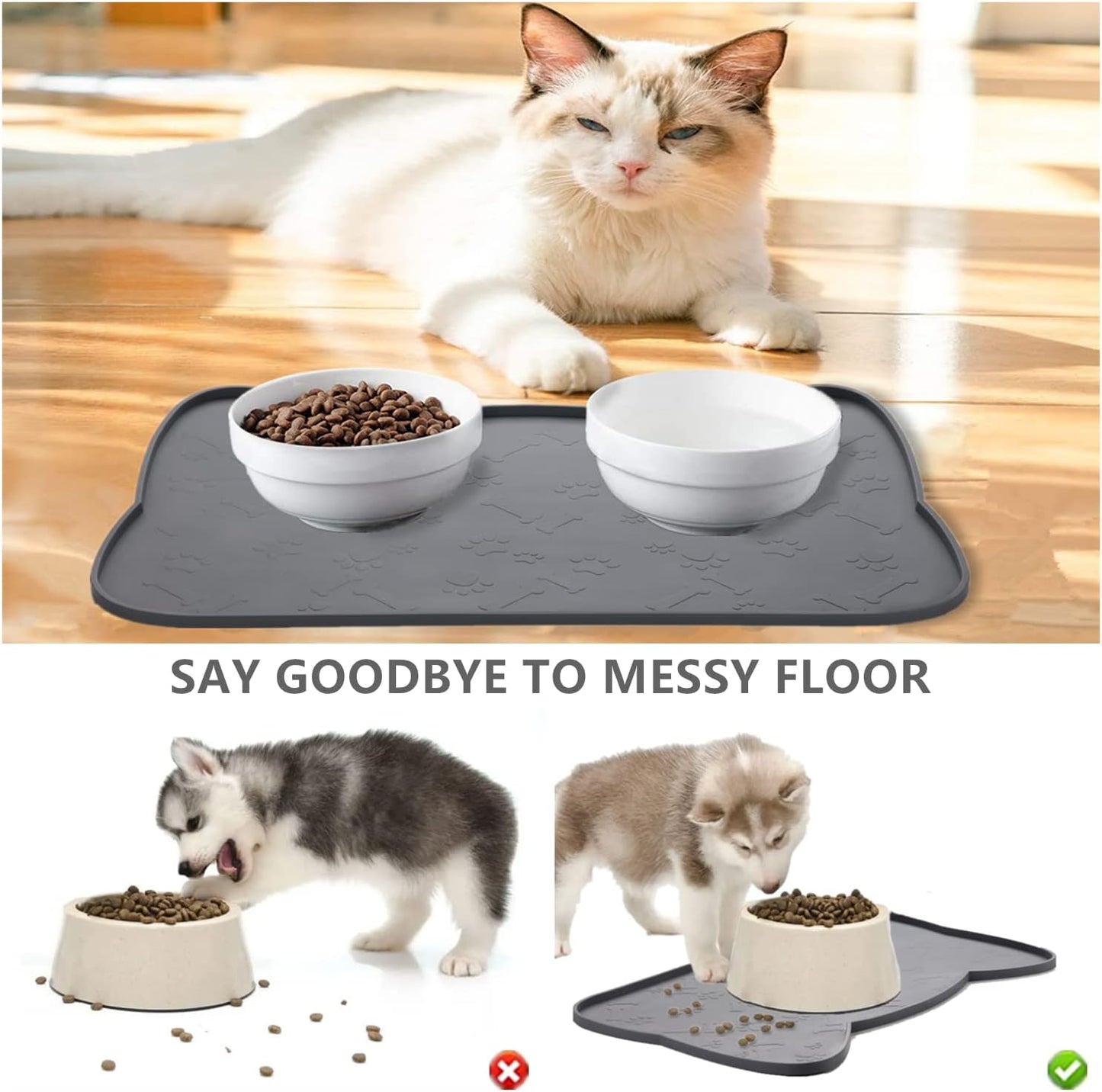 IYYI Cat Food Mat, Silicone Dog Bowl Mat for Food and Water, Waterproof Non Slip Pet Feeding Mat, Raised Edge Dog Food Tray to Stop Food Spills and Water Messes on Floor (Teal+M)