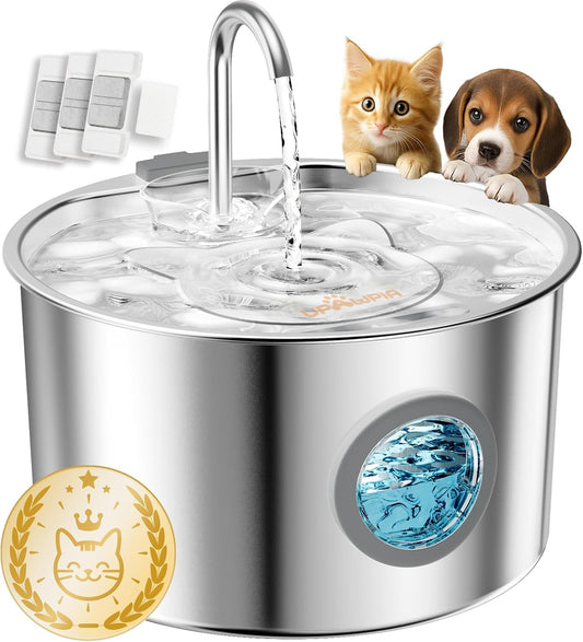 Stainless Steel Cat Water Fountain 3.2L Automatic Pet Water Fountain for Cats/Dogs Indoor Ultra Quiet Metal Cat Fountains for Drinking Kitty Watering Supplies for Pets & Small Animals