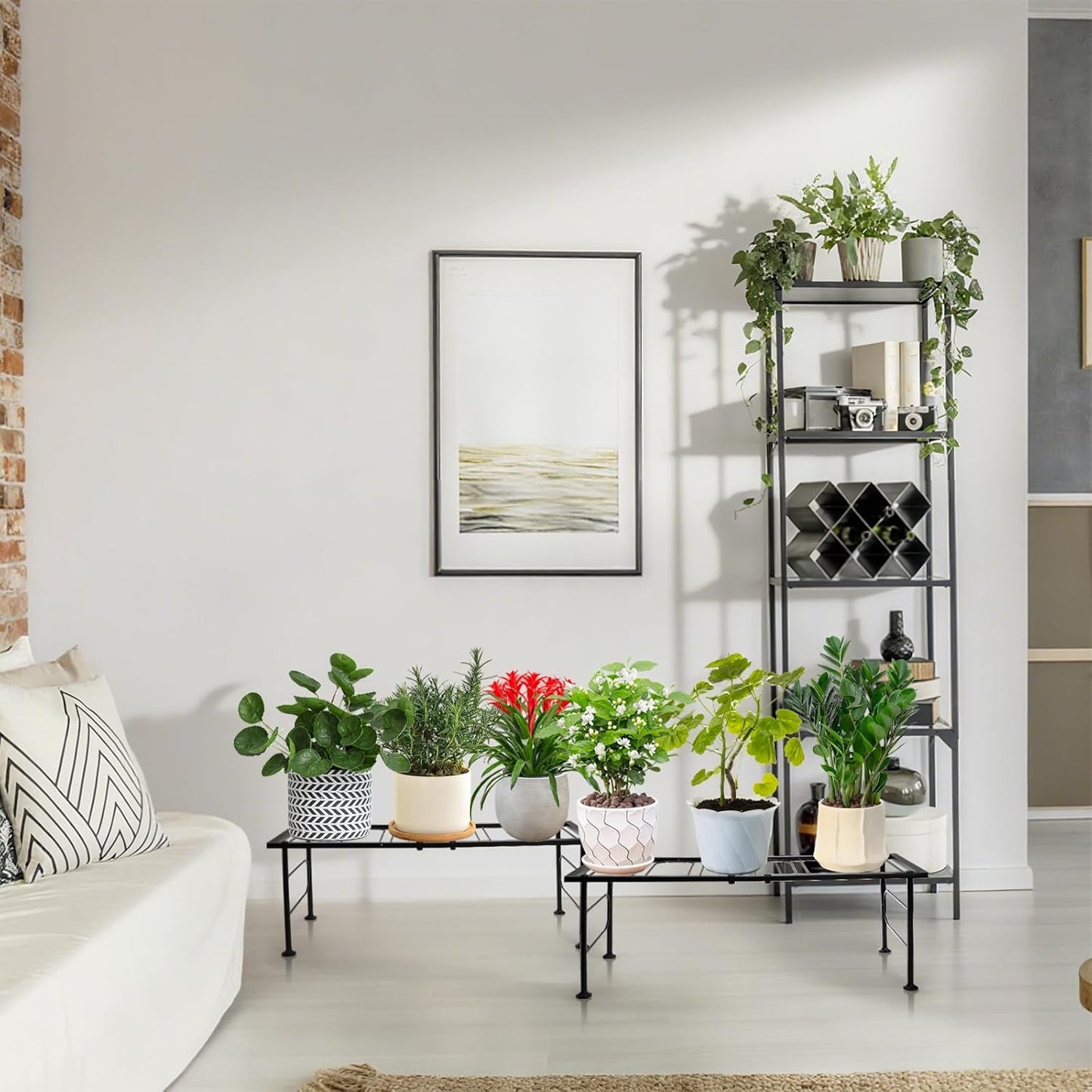 2 Pack Metal Plant Stand Indoor Outdoor, 1 Tier Heavy Duty Flower Pot Stands, Space-Saving Ladder Planter Holder, Decorative Flower Display Rack for Patio Living Room Garden Corner Balcony