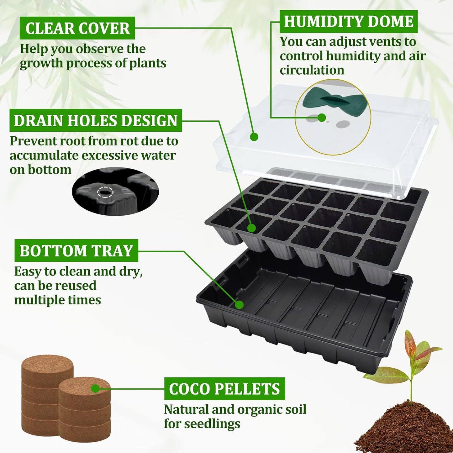 Halatool 2 Set Seed Starter Tray Kits, 2 Pack Germination Tray with 50 Pcs Coco Pellets, Greenhouse Indoor Seed Germination System for Herbs Vegetables Flowers, Seed Starter Kit