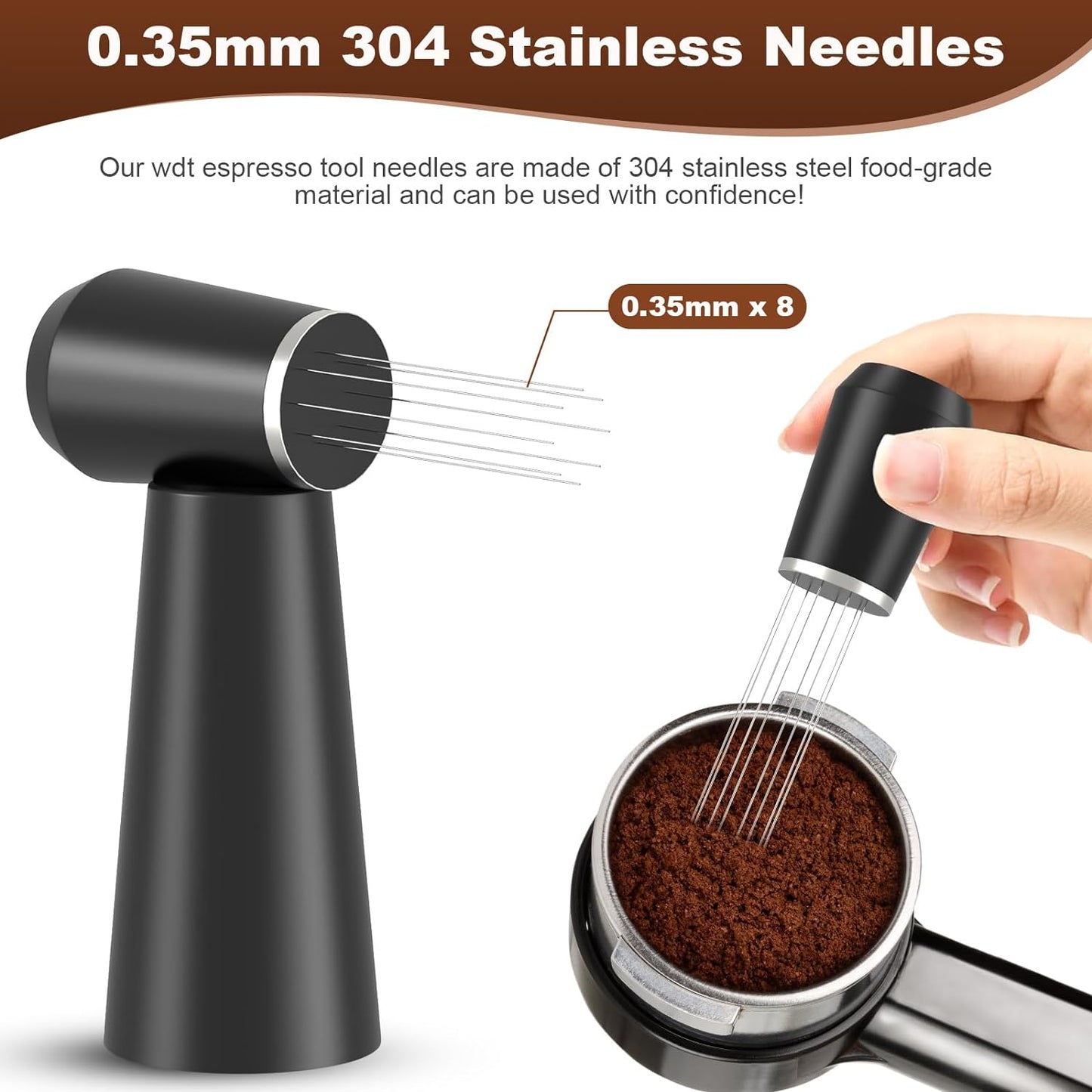 WDT Espresso Distribution Tool,Espresso Whisk with 8 Extra 0.35mm 304 Stainless Steel Needles，Espresso Comb Tool for Barista Black Coffee Ground Stirrer