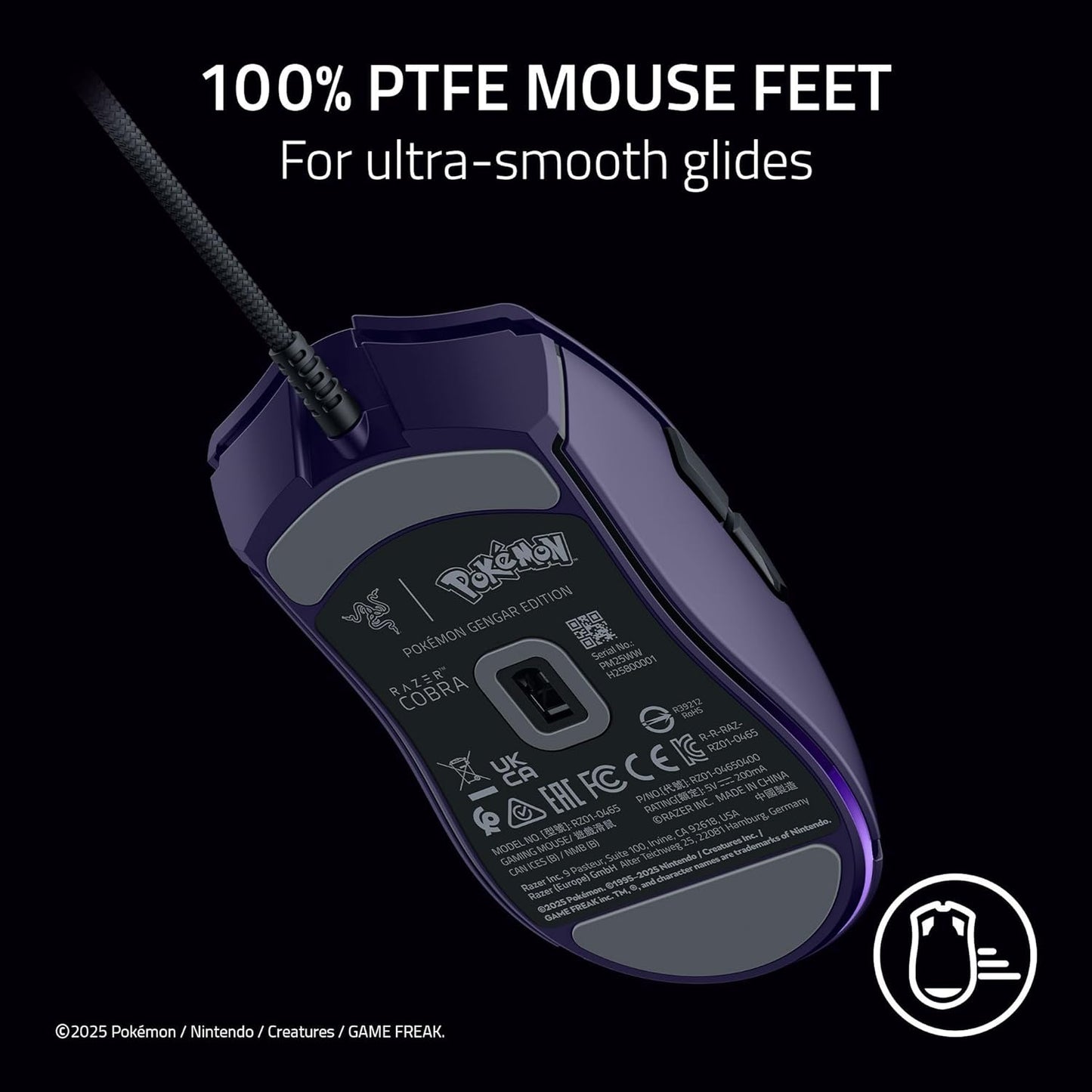 Razer Cobra Wired Gaming Mouse: 58g Lightweight - Gen-3 Optical Switches - Chroma RGB Lighting Underglow - 8500 DPI Optical Sensor - 100% PTFE Mouse Feet - Speedflex Cable - Pokemon Gengar Edition