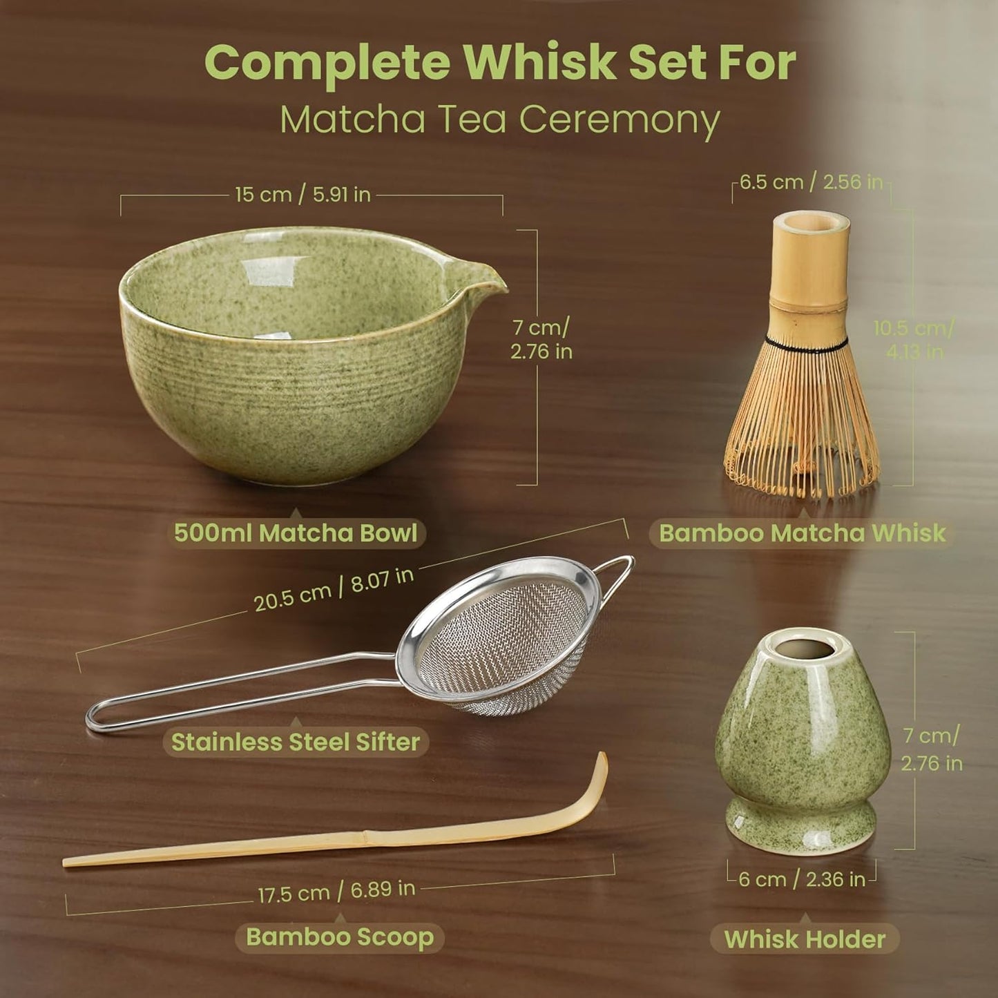 Matcha Whisk Set, Ceramic Bowl Matcha Kit & Handcrafted Bamboo Chasen, Complete 5 Pcs Matcha Set Whisk and Bowl, Stainless Steel Sifter, Bamboo Scoop & Holder for Matcha Lovers