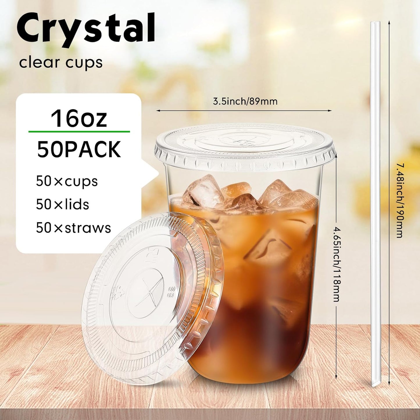 50 Sets Clear Plastic Cups with Lids and Straws, Disposable Iced Coffee Cups Drinking PET for Cold Drinks, Juice, Smoothie, Coffee Shops, Party, Christmas (16 oz,Clear)