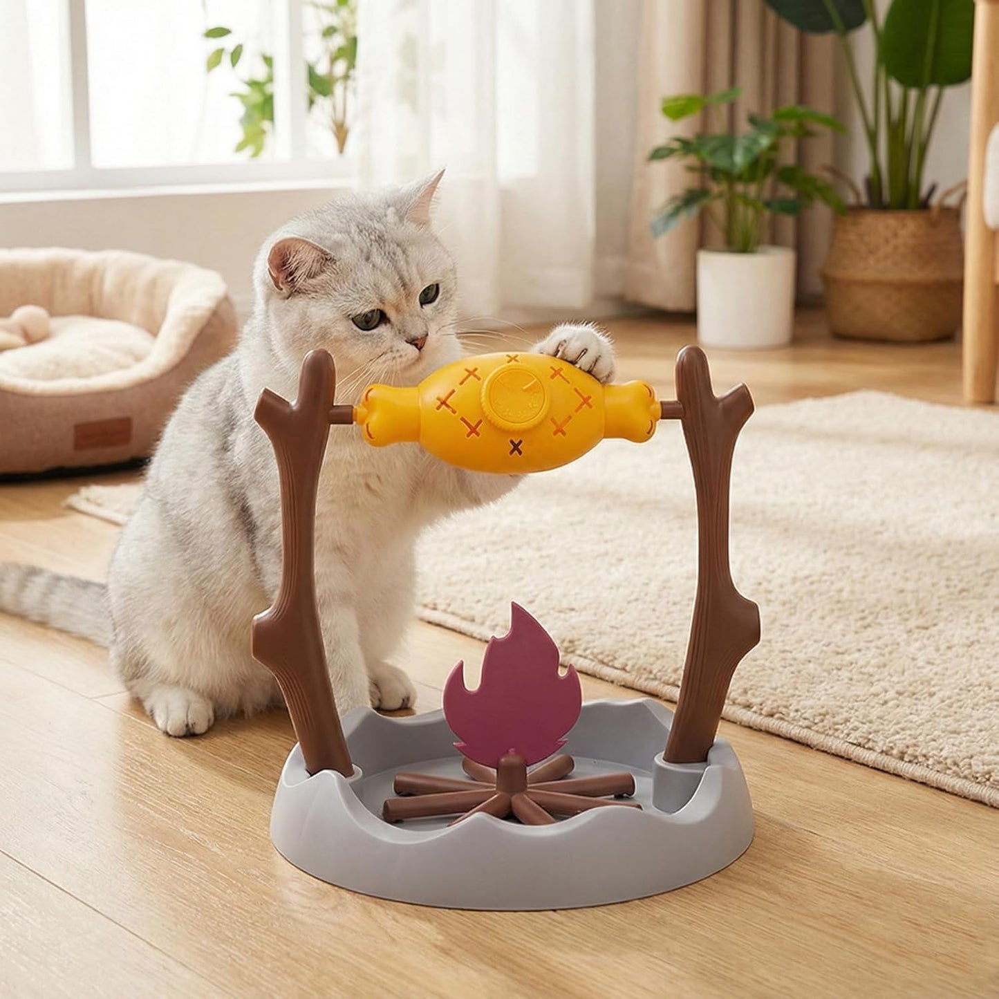 Cat BBQ Toy,11" High Cats Treat-Dispensing Slow Feeder,Pets Dry Food Dispenser,Cats Slow Feeding Snack Bowl, Grilled Fish Spinning Toy, Food Puzzle Cat Toy