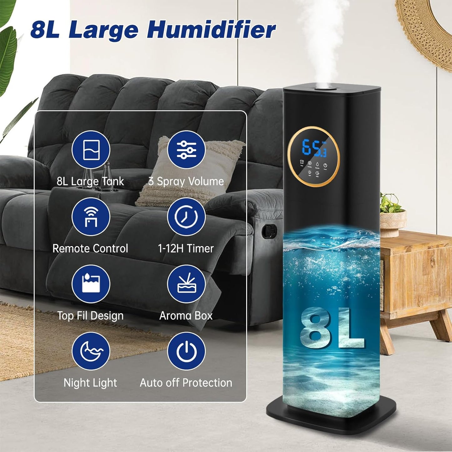 Humidifiers for Bedroom, 2.1Gal/8L Humidifier large room with Essential Oil Diffuser, Top Fill Whole House Cool Mist Humidifiers for Plants Baby Kids Adults(Black)