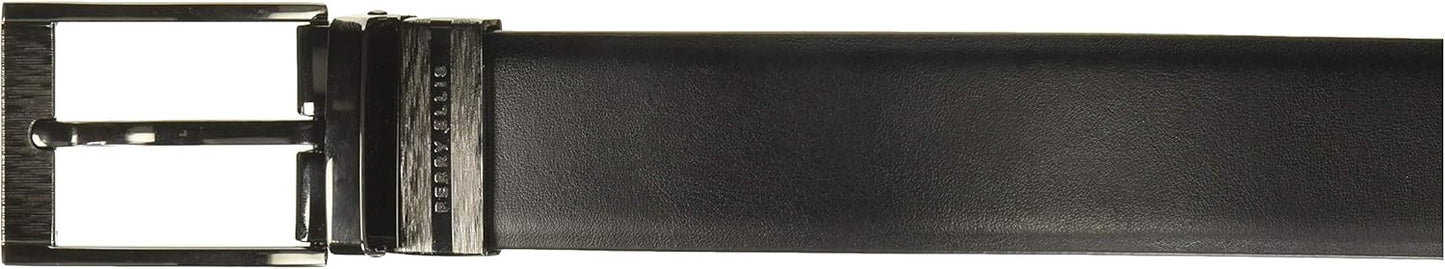 Perry Ellis Portfolio Feather Edge Leather Men's Belt, Reversible with Etched Buckle, Soft Touch Material