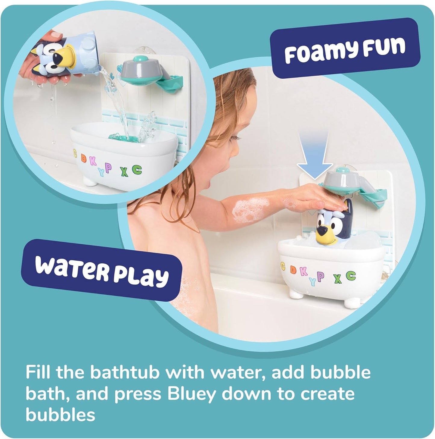 TOMY Toomies Shower & Scrub Bluey - Create Your Own Bubbles - Includes Rinsing Showerhead and Removable Bluey Toy - Interactive Bath Toys - Toddler Easter Basket Fillers - Ages 18 Months and Up