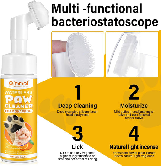 Clean Paws - No-Rinse Foaming Cleanser Paw and Foot Cleaner – Gentle and pH Balanced to Provide a deep Clean Safe for All Dogs and Cats | Portable Bottle with Silicone Bristle Brush