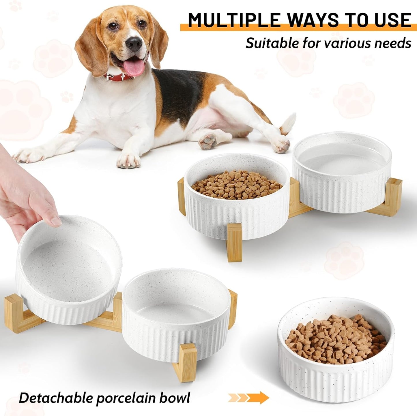 Non-Slip Ceramic Dog Bowls with Wooden Stand,8" Dog Food and Water Bowl Set with Silicone Base, 64 OZ/8 Cups Weighted Flip-Proof Pet Feeding Bowl for Small Dogs and Cats (Large,White)