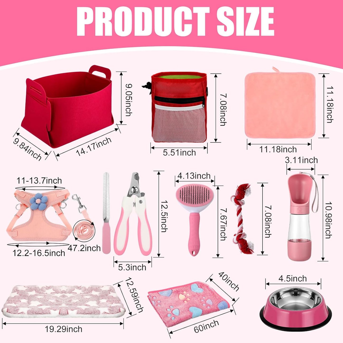 Abbylike 50 Pcs Puppy Supplies Starter Kit for Small Dogs Puppy Essentials Includes Leash, Bowls, Teeth Brushes, Water Bottle, and More Accessories for Dogs Pet Day Welcome Gift(Pink)