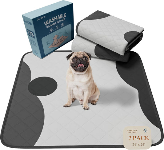 Washable Pee Pads for Dogs 2 Pack 24x24 in - 5 Layer Reusable Puppy Pads, Super Absorbent, Waterproof, Leak Proof Non-Slip Training and Whelping Pet Pee Pads for Crate, Playpen, Potty