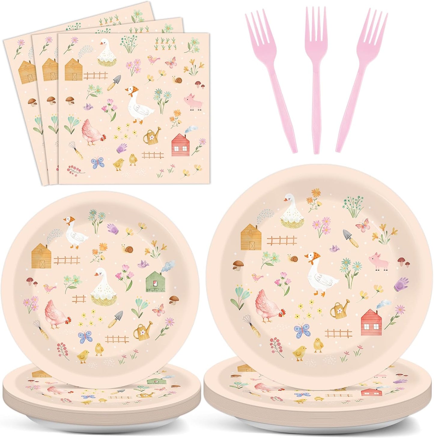 96Pcs Farm Barnyard Party Decorations Garden Tea Themed Tableware Farm Animals Flowers Plates Napkins Forks Summer Floral Dinnerware Supplies for Baby Shower Birthday Serves 24 Guests