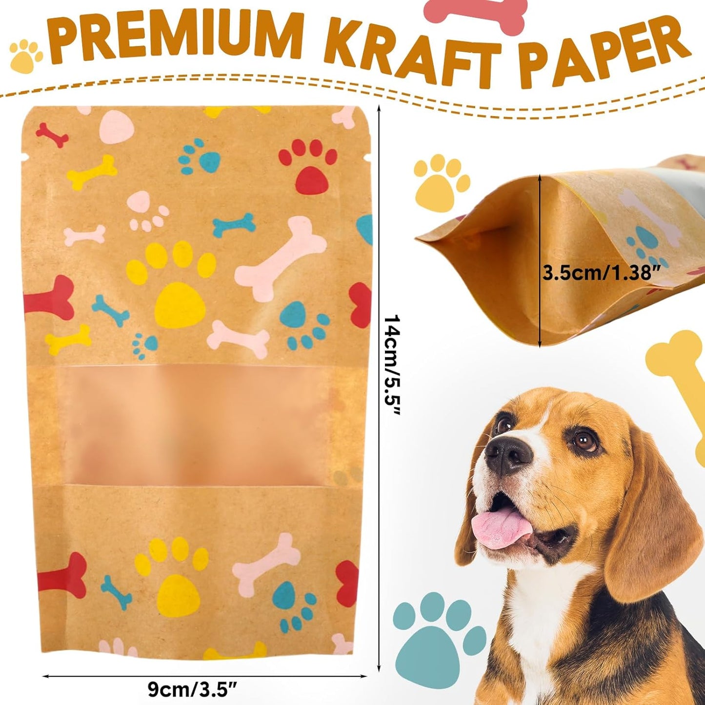 200 Pcs Paw Dog Treat Bags Puppy Party Favor 3.5" x 5.5" Paw Gift Bag Resealable Stand up Kraft Paper Zipper Pouch Dogs Packaging for Homemade Treats, Food-safe Material