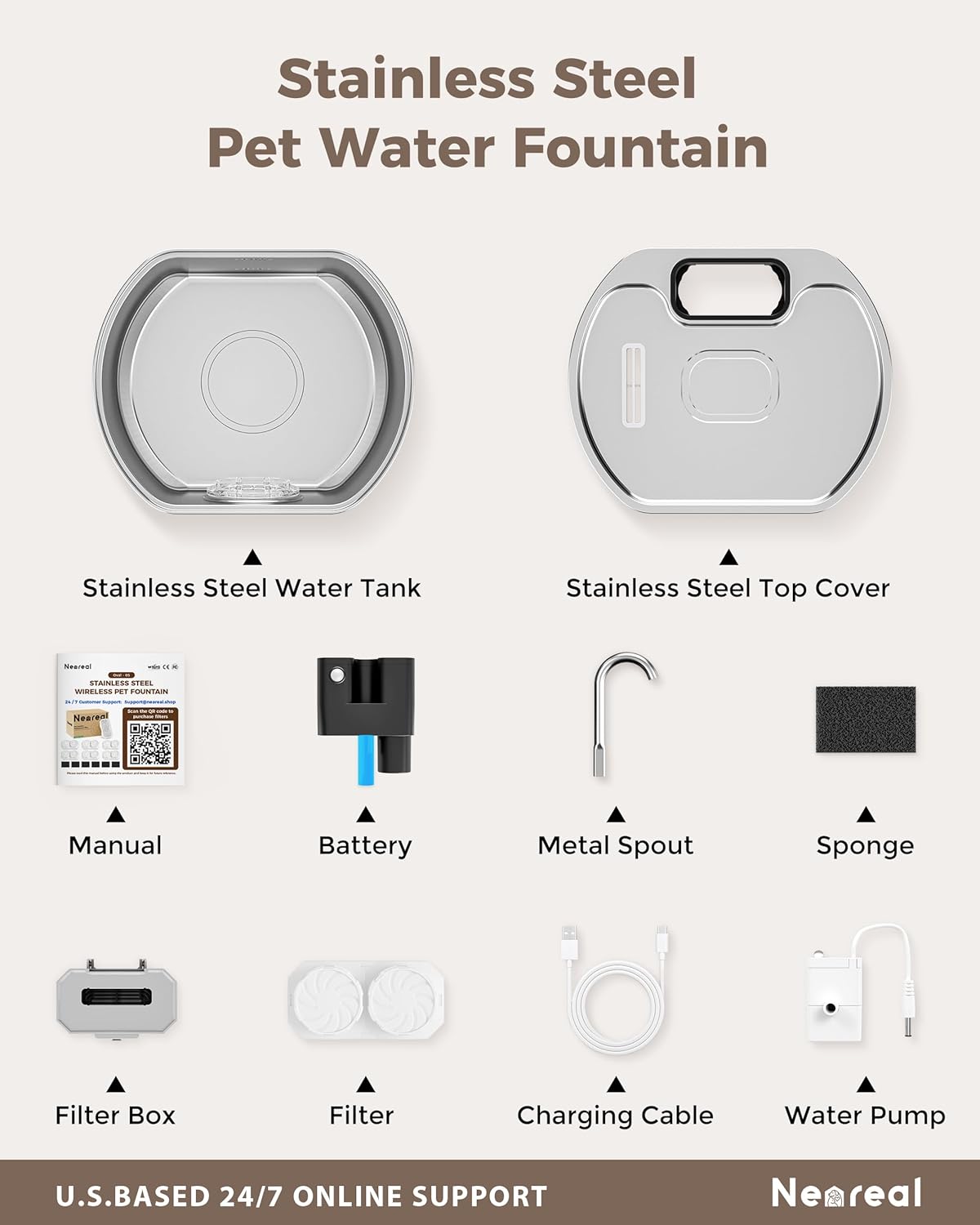 Cat Water Fountain Stainless Steel - Wireless 3.2 L/108 oz Battery Operated Automatic Pet Drinking Fountain for Cats - Cordless Water Dispenser with 4000 mAh Rechargeable Battery (1 Filter)