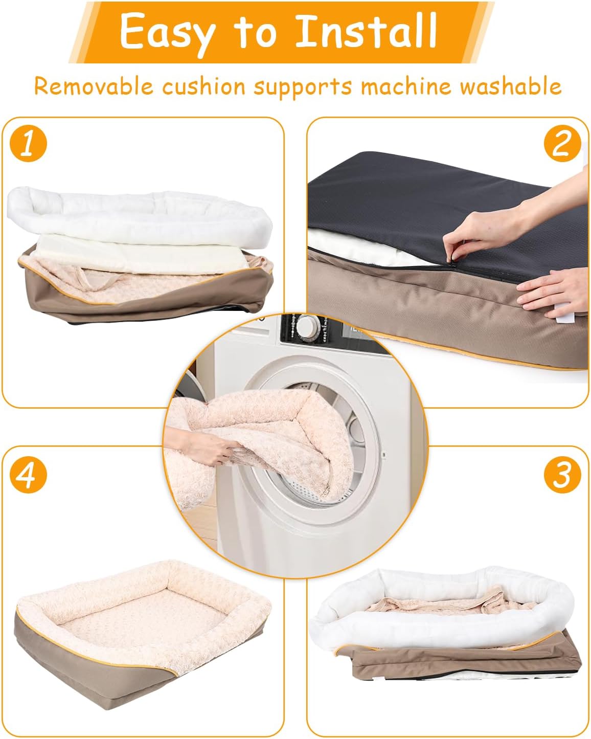 Washable Orthopedic Dog Bed for Large Dogs, Waterproof Dog Bed with Bolster, Big Couch Sofa Dogs Beds with Removable Cover & Non-Slip Bottom