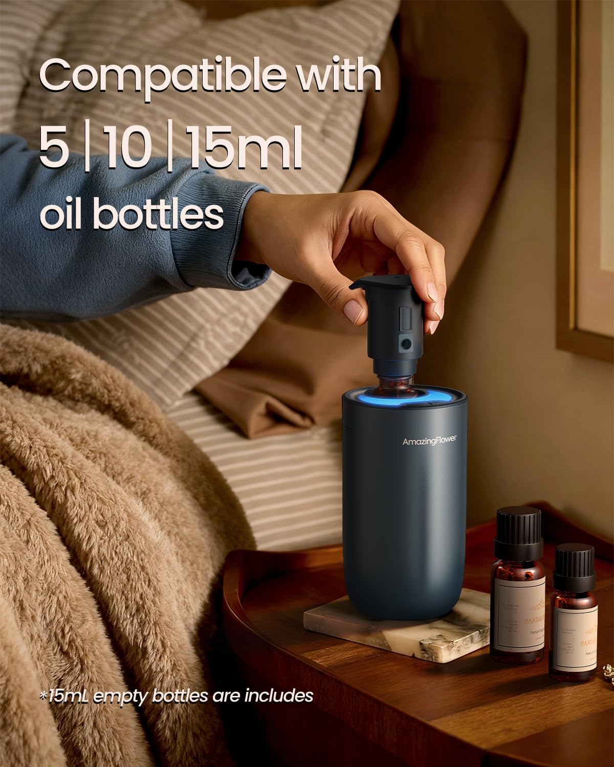 Waterless Diffuser for Essential Oil, Smart Car Air Freshener Diffuser with 3 Mist Grades & 3 LED Light Colors, Auto On/Off, Rechargeable Scent Air Machine