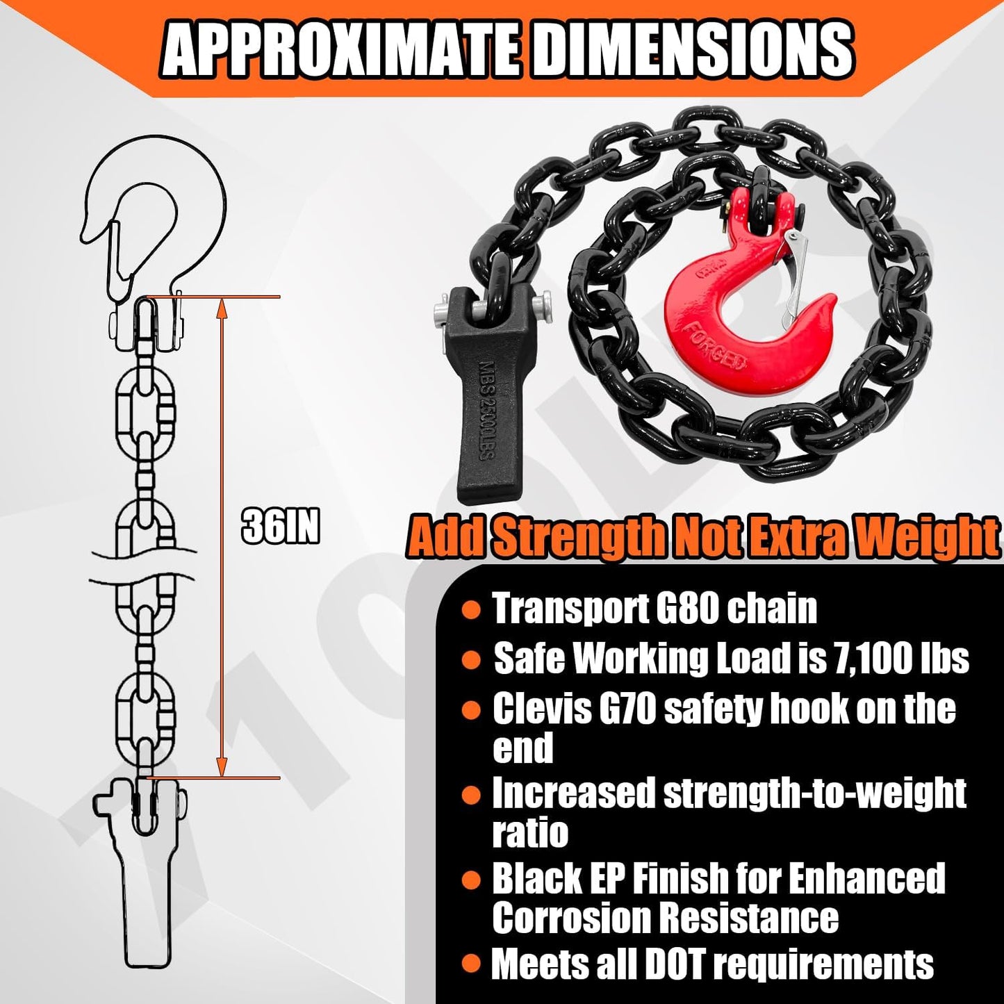 Heavy Duty 2-Pack 36 Inch Grade 80 Trailer Safety Chain with 3/8'' Red Clevis Snap Hook and Chain Retainer - WLL 25,000 lbs