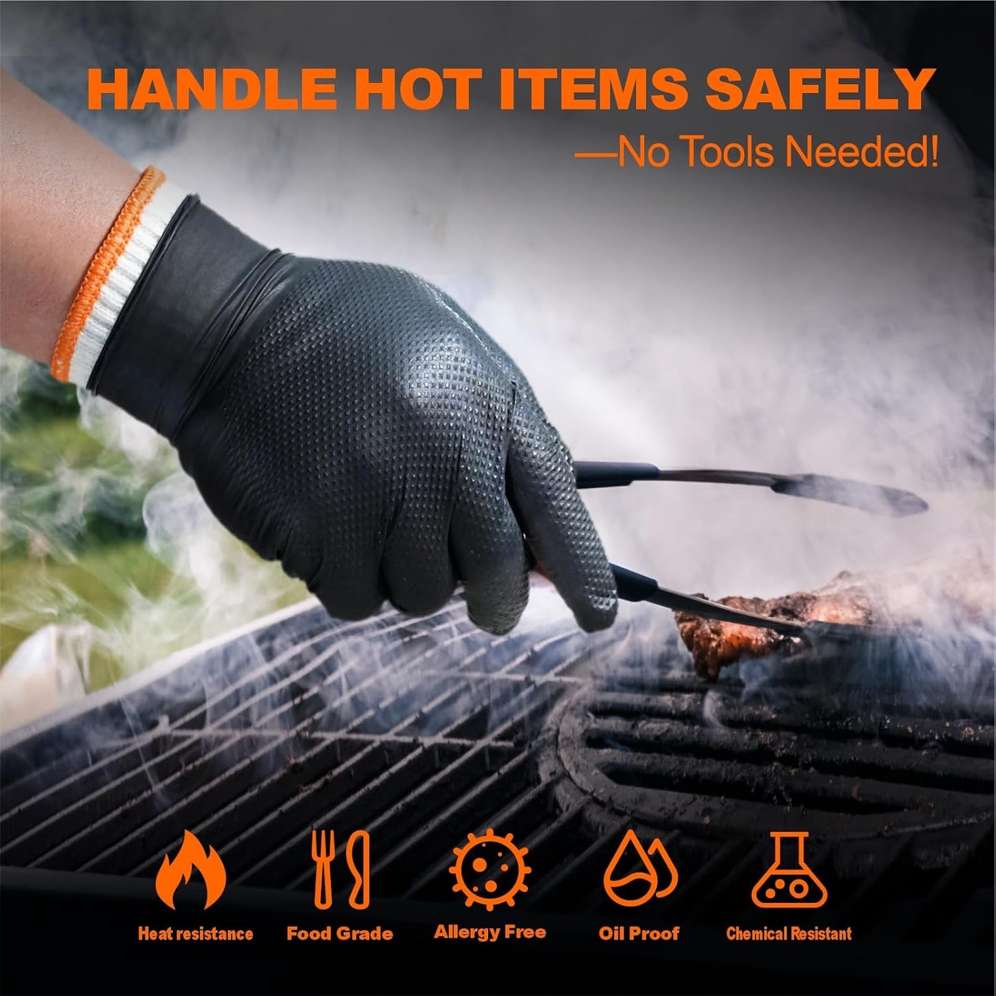 BBQ Gloves for Grilling Disposable Heat Resistant - 100 Nitrile Gloves + 4 Reusable Cotton Liners for Barbecue Smoker, Cooking Hot Meat - 10Mil Thick, Non-Slip Grip - Black Large