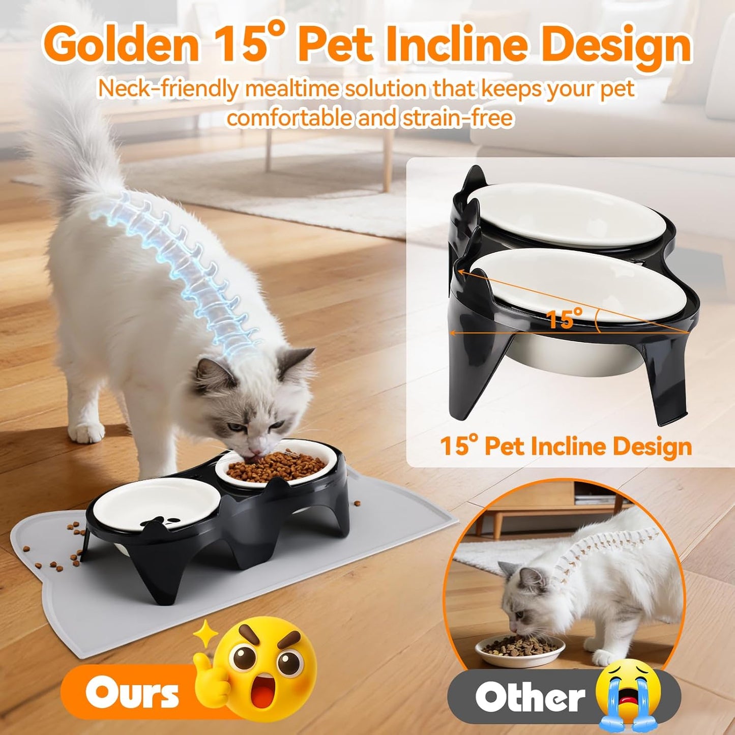 Ceramic Elevated Cat Bowls Kitty Bowls - 15° Tilt Anti-Vomiting, Silicone Mat Included, Whisker Friendly for Indoor Cats & Small Dogs (2-Pack) (Black)