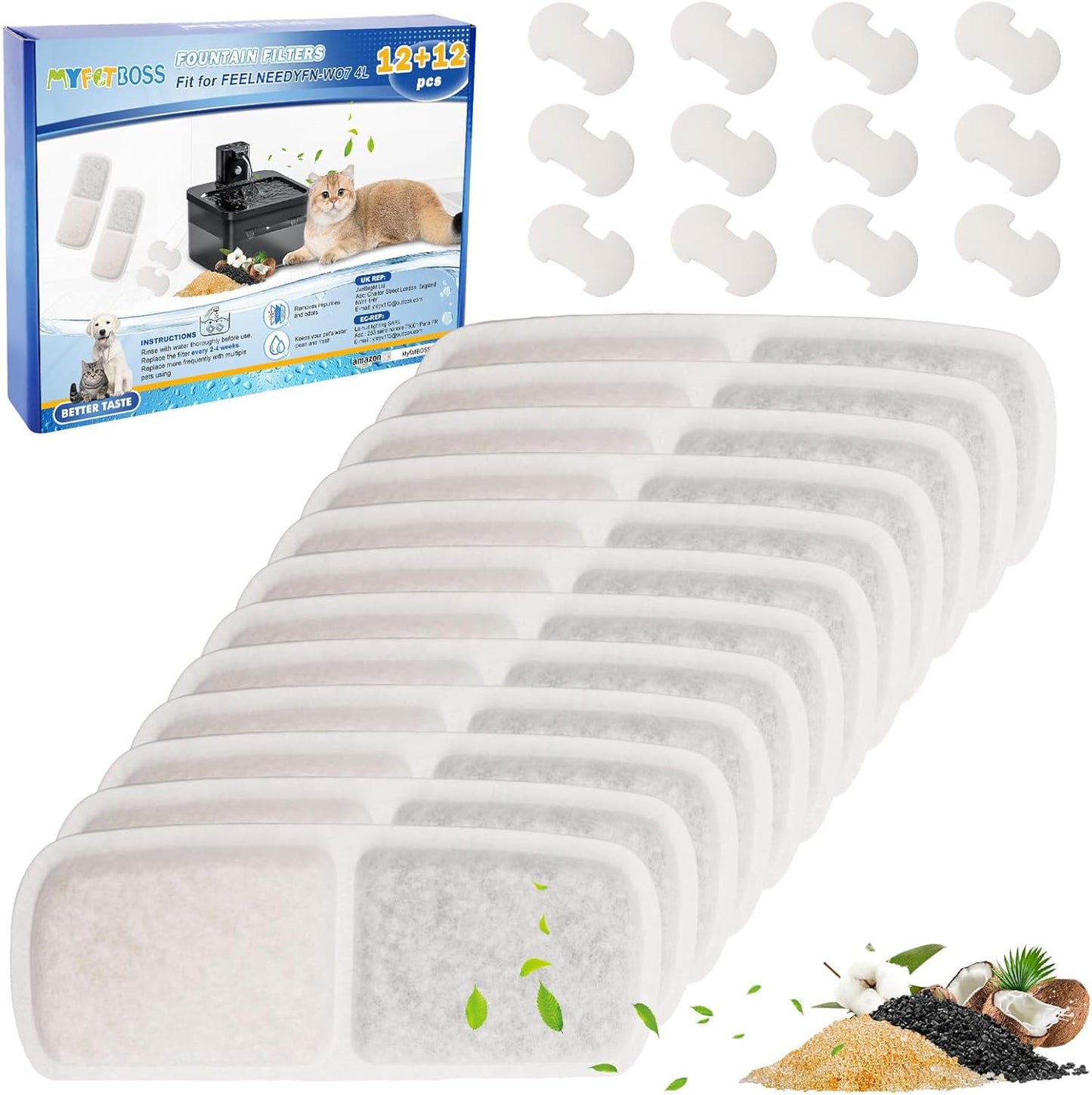 12 + 12 Pack Cat Water Fountain Filters Replacement Compatible with FEELNEEDY Cat Water Fountain FN-W07 135 fl oz/4L, Pet Water Filter Replacement, Replacement Filters and Foam Sponges