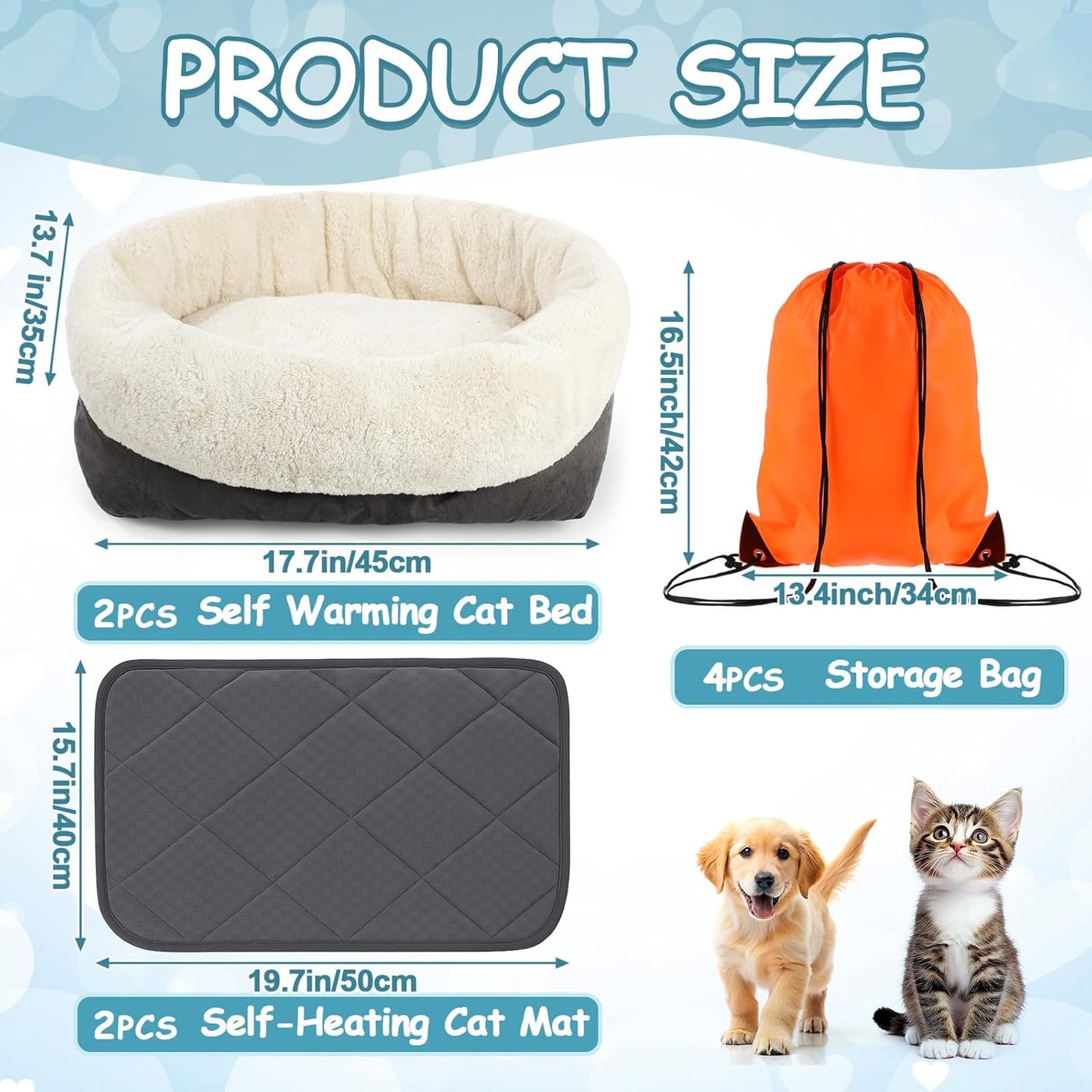 Riakrum 4 Pack Self Warming Cat Bed 17.7 x 13.7 Inch & Self Heating Cat Mat 16 x 20 Inch Anti-Slip Soft Round Thermal Heated Pet Bed with 4 Storage Bags for Indoor Outdoor Small Pet Kittens Puppies