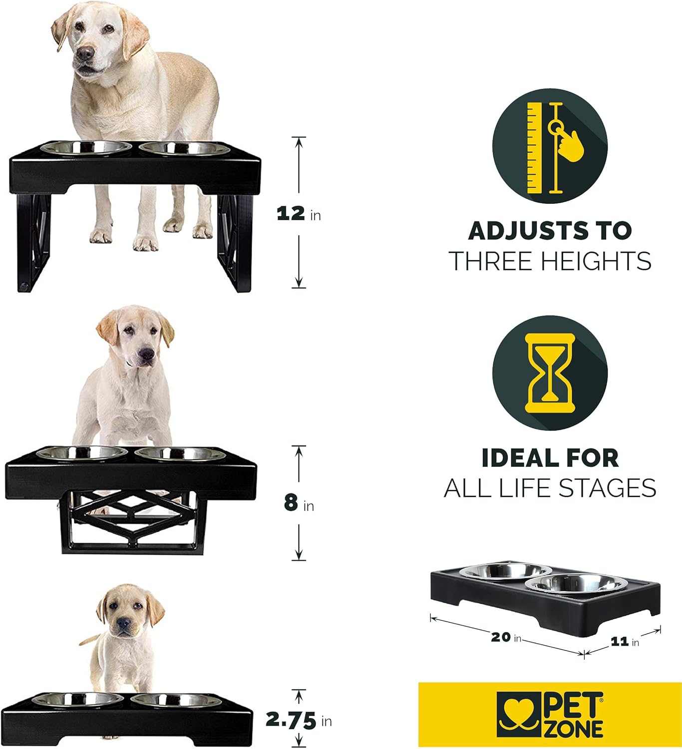 Pet Zone Elevated Dog Bowls Designer Diner 3 Height Adjustable Raised Dog Bowl Stand with 2 Stainless Steel Bowls (7 Cup Capacity Each)