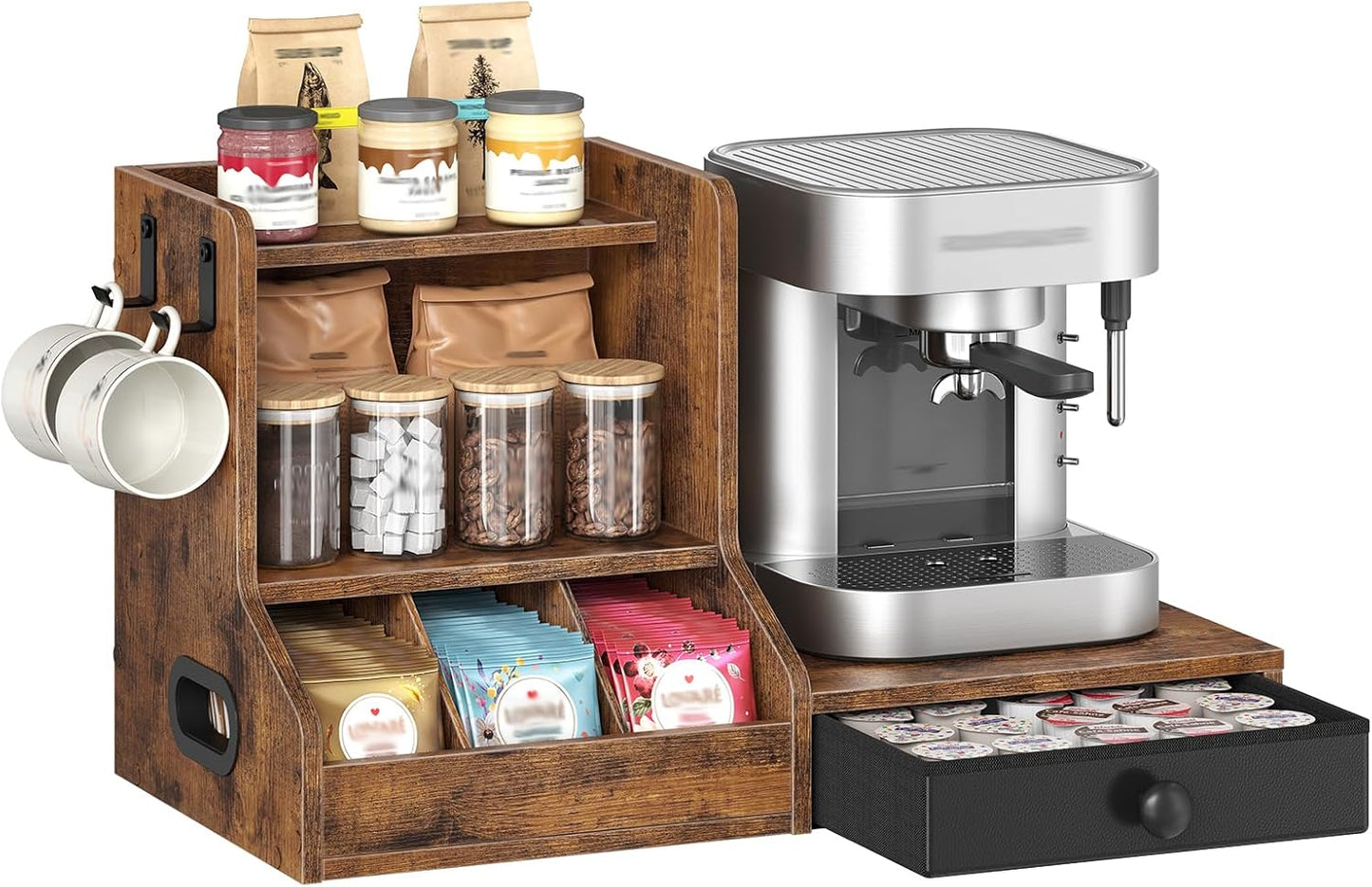 HOOBRO Coffee Mug Tree, Coffee Mug Cup Holder with Drawer for 25K-Cup Pods, Mug Display Stand with 2 Hooks, 3 Tier Mug Stand Rack for Countertop, Holds Syrup, Tea Bags, Rustic Brown and Black BF05CR01