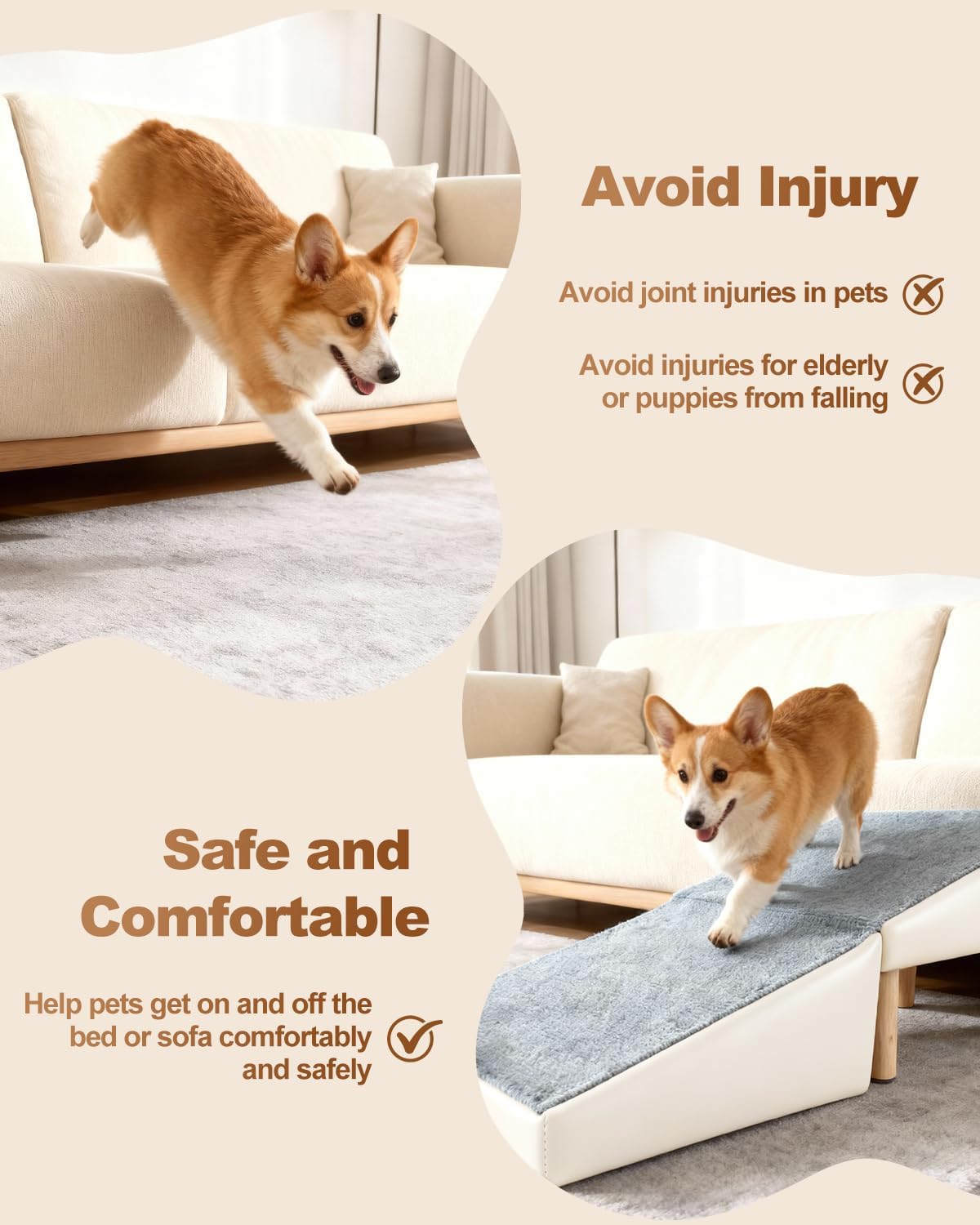 Dog Ramp for Couch Sofa and Low Bed, 15.7" W Foldable 2-in-1 Pet Steps & Ottoman, Non-Slip Wooden Pet Stairs for Small Senior Injured Dogs & Cats