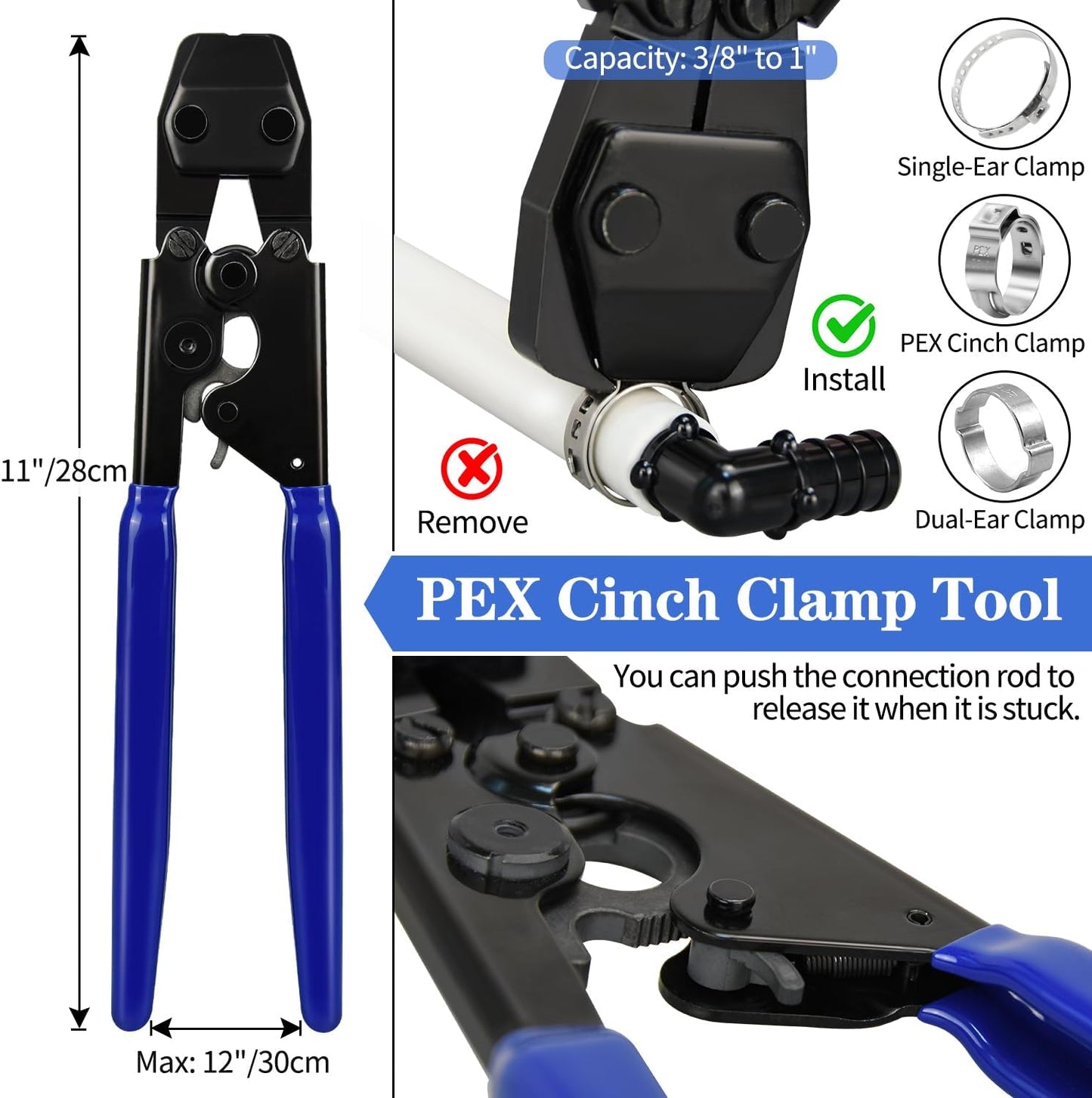PEX Cinch Clamp Tool Kit, 3/8" to 1" PEX Pipe Clamp Cinch Tool with 30 pcs 1/2" PPSU PEX Fittings Combo, 1pcs Pipe Cutter, 70 pcs 1/2" PEX Cinch Clamps, 10pcs 3/4" PEX Cinch Clamps