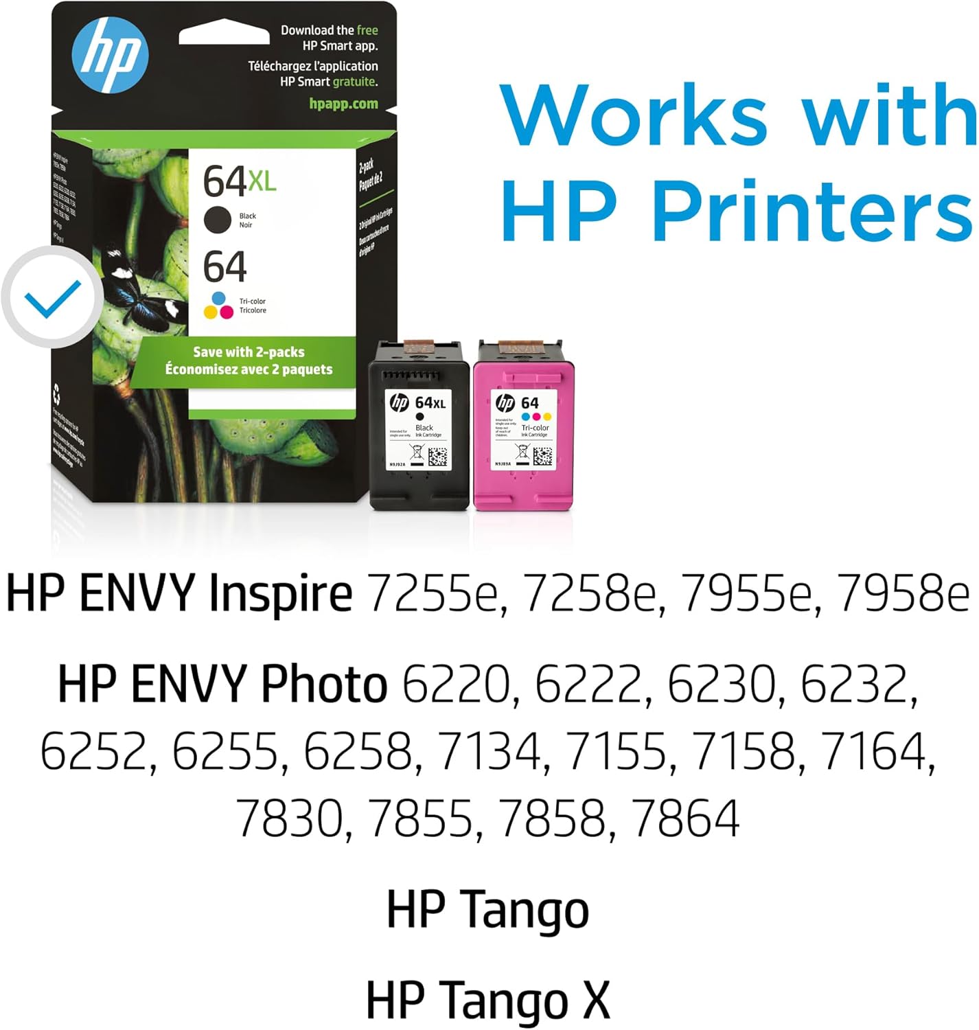 HP 64XL/64 Black High Yield and Tri-Color Standard Yield Ink Cartridges, 2/Pack